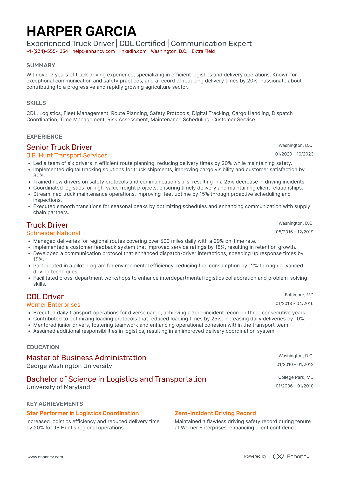 Senior Truck Driver Resume Example