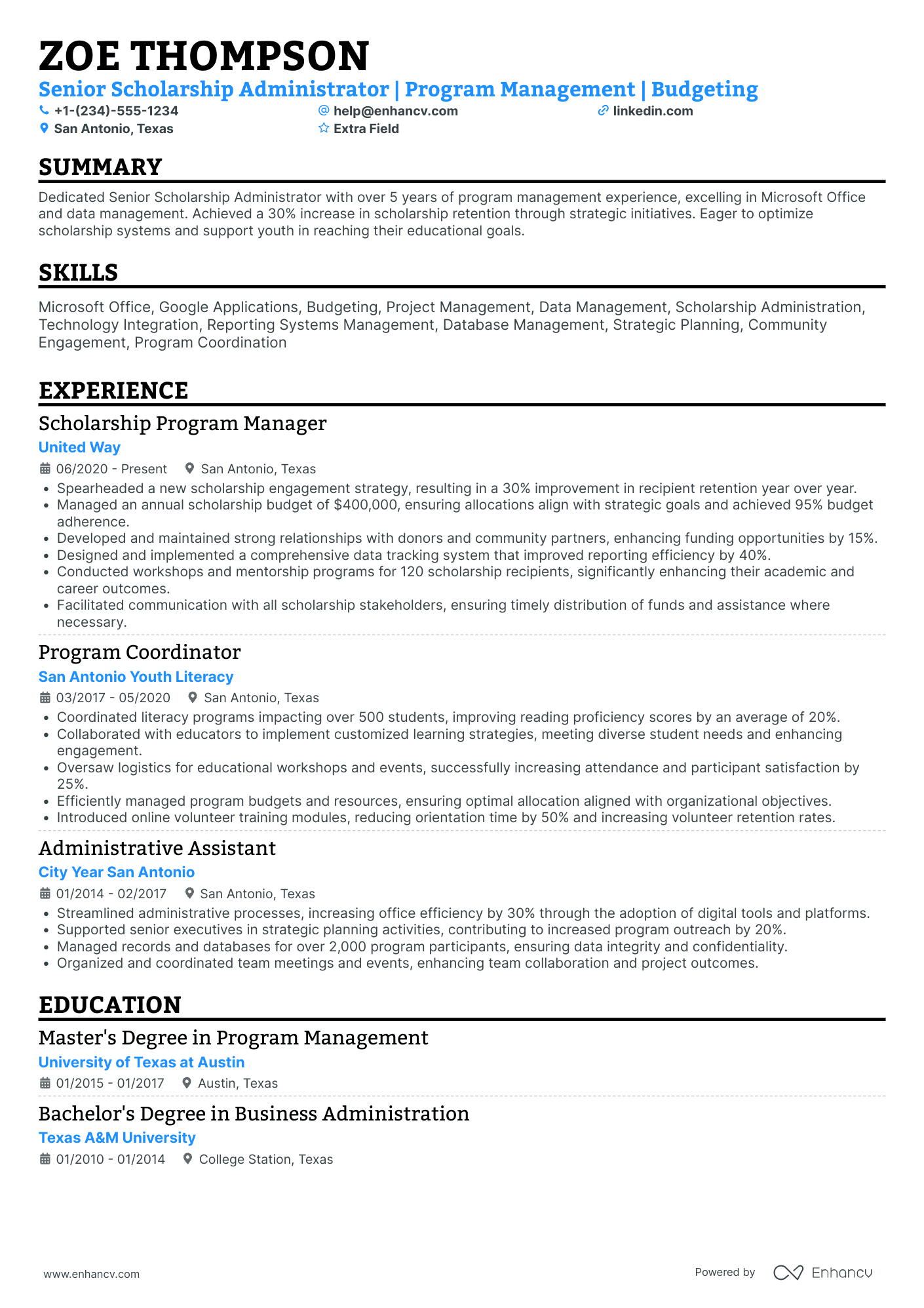 Scholarship Manager Resume Example