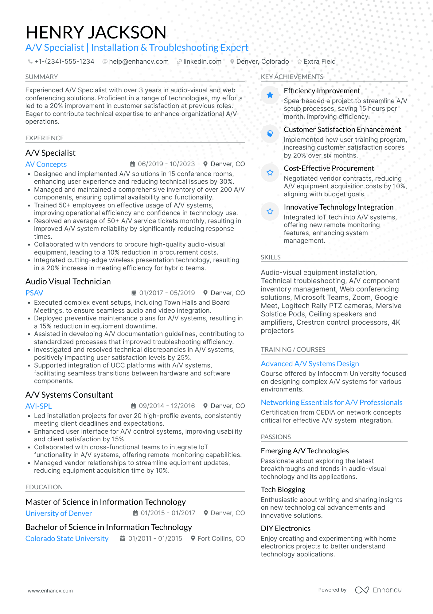 Audio Engineer Specialist Resume Example