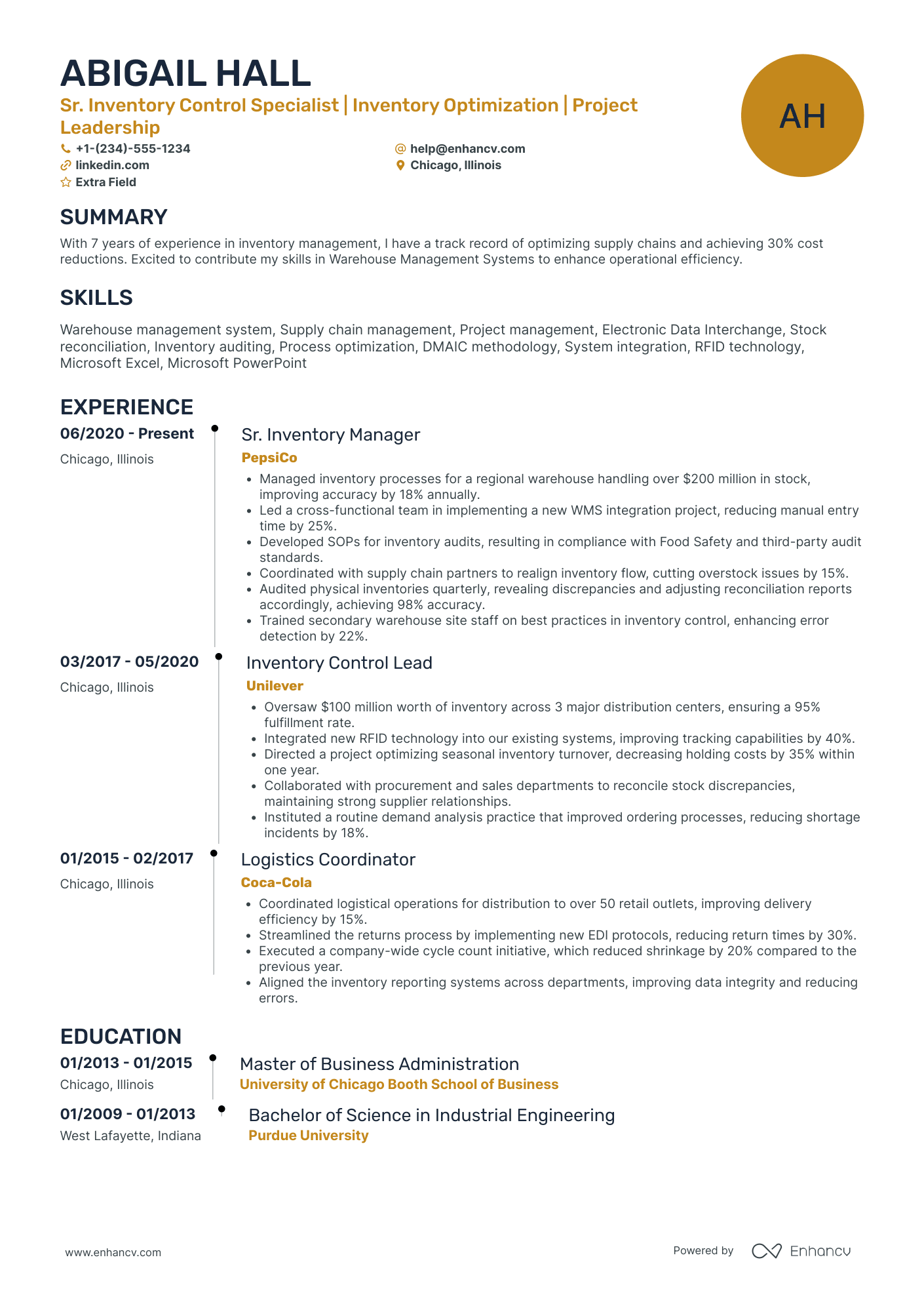 Senior Inventory Control Specialist Resume Example