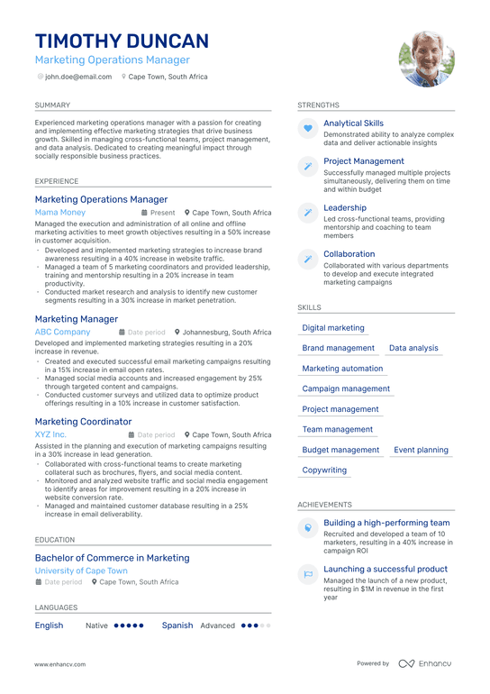 Marketing Operations Manager Resume Example
