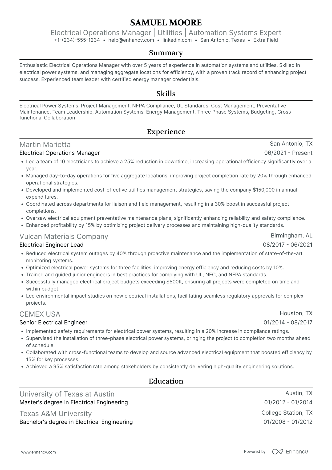 Electrical Engineering Operations Manager Resume Example