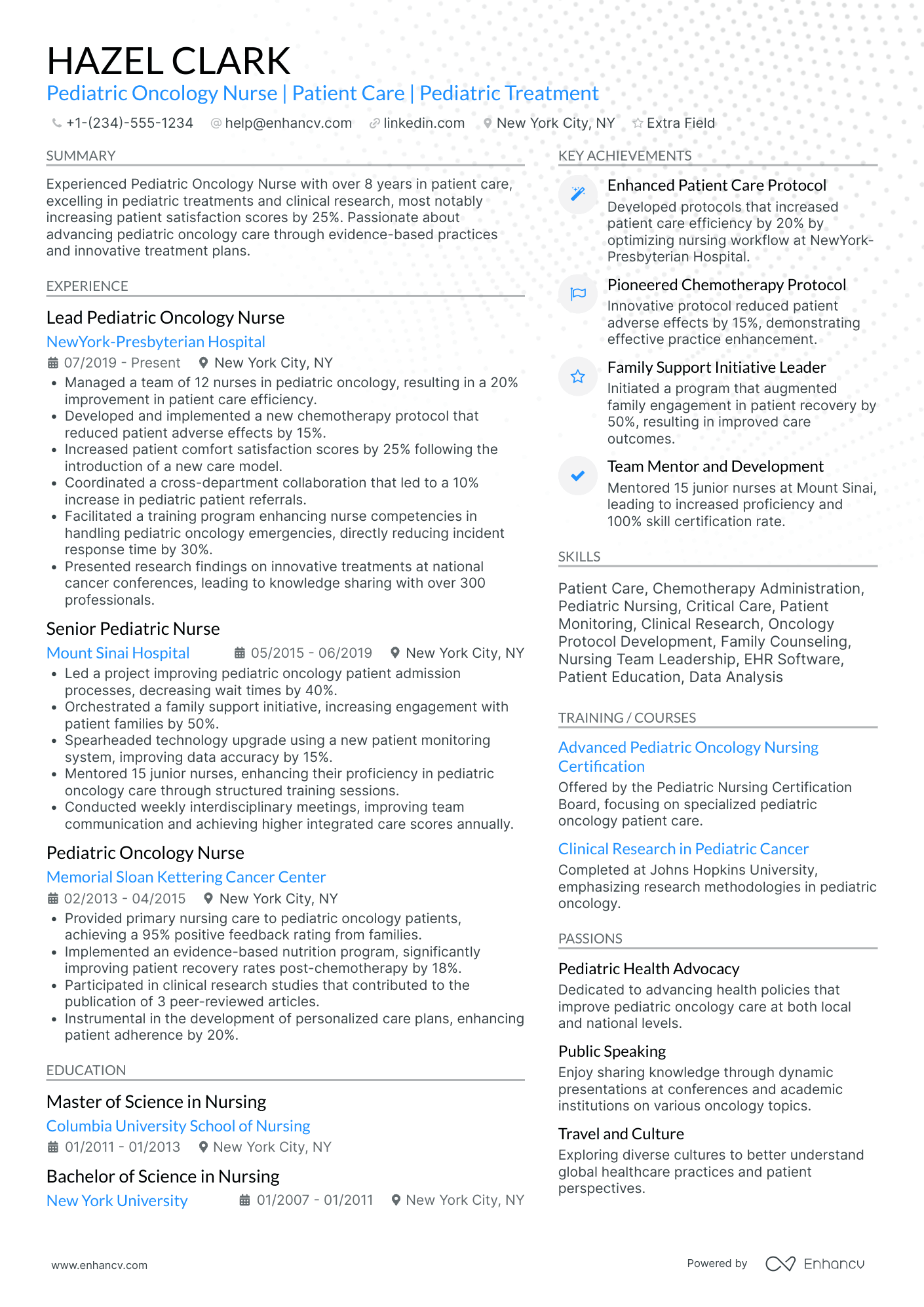 Pediatric Oncology Nurse Resume Example