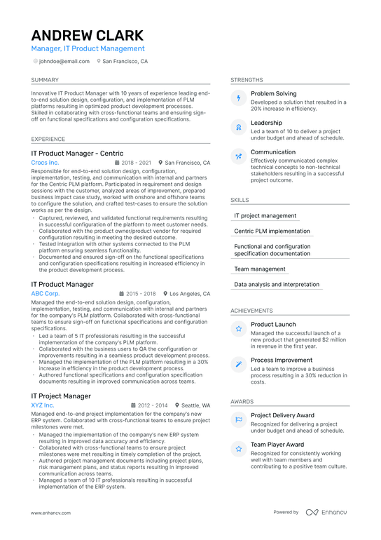 IT Product Manager Resume Example