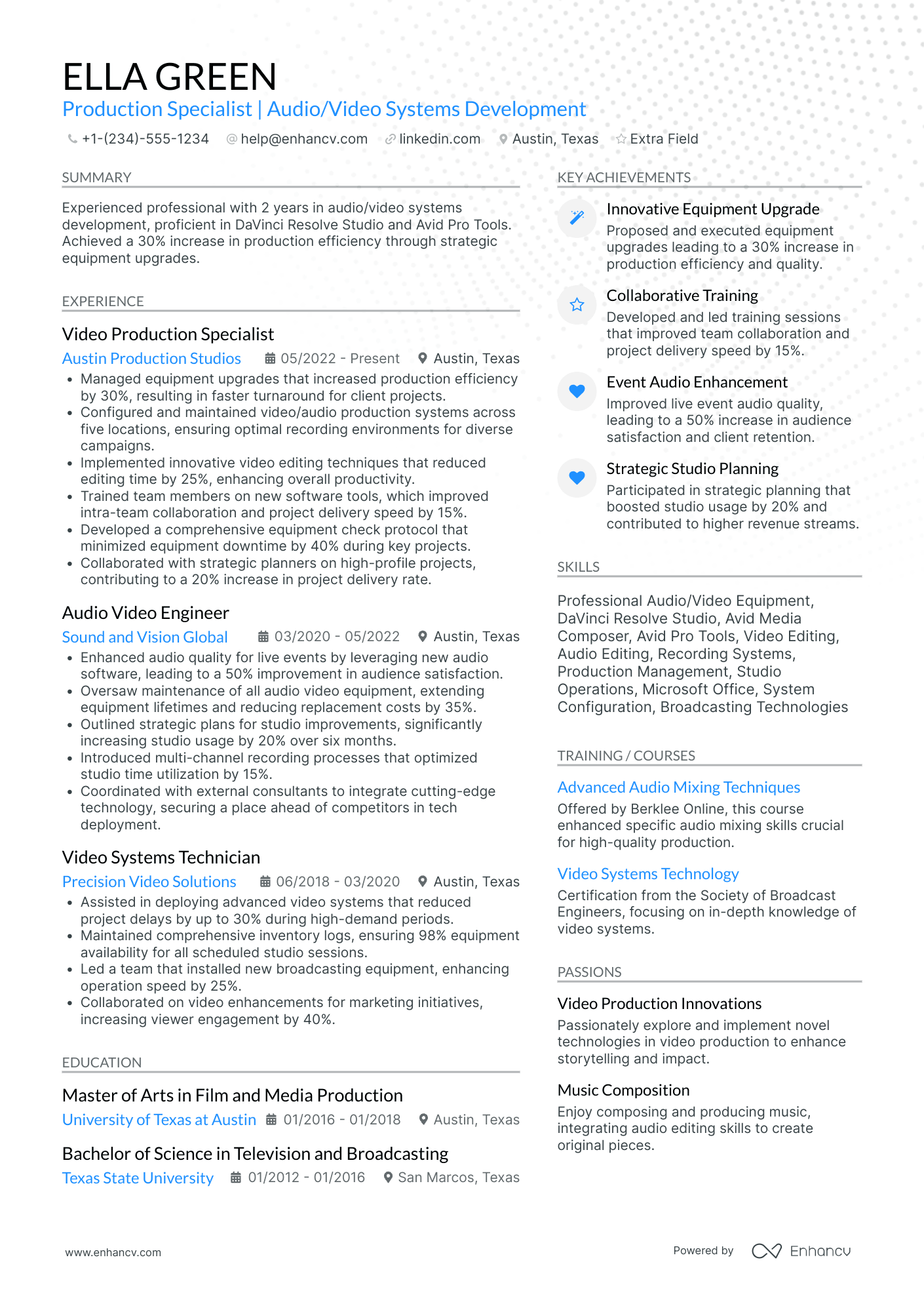 Studio Audio Engineer Resume Example