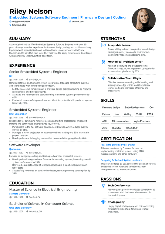 Embedded Systems Engineer Resume Example