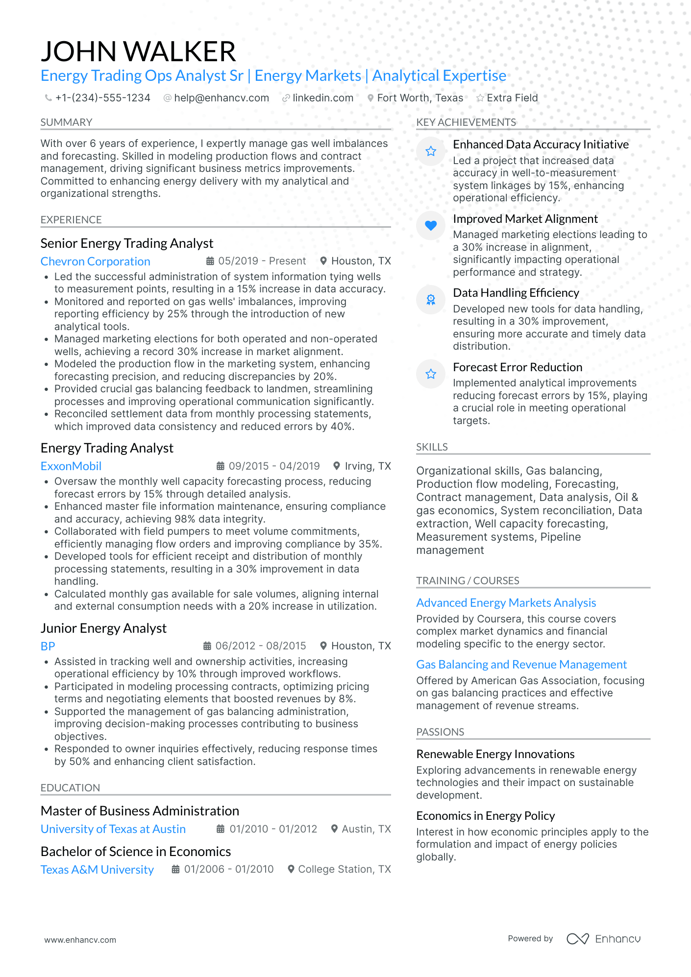 Energy Accounting Analyst Resume Example