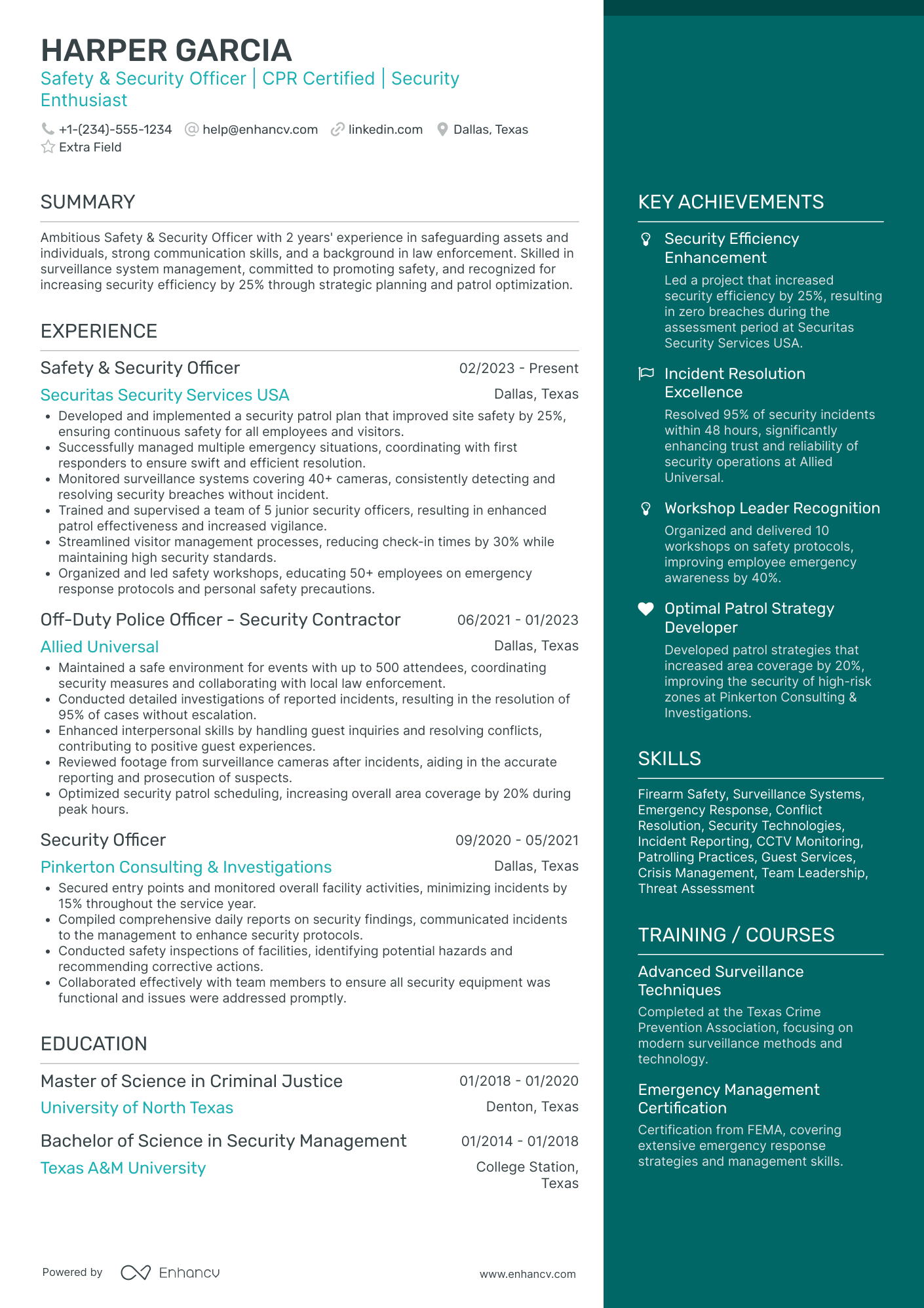 Night Shift Security Guard Resume Example