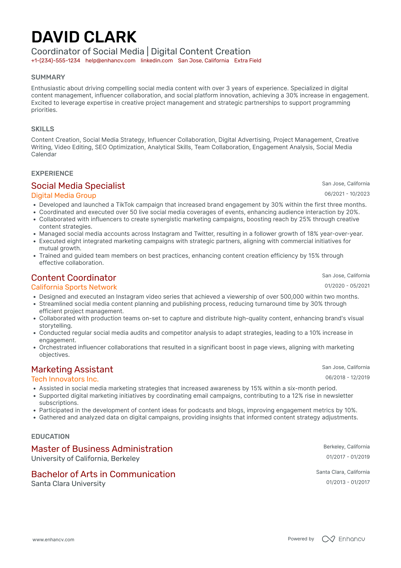 Senior Social Media Coordinator Resume Example