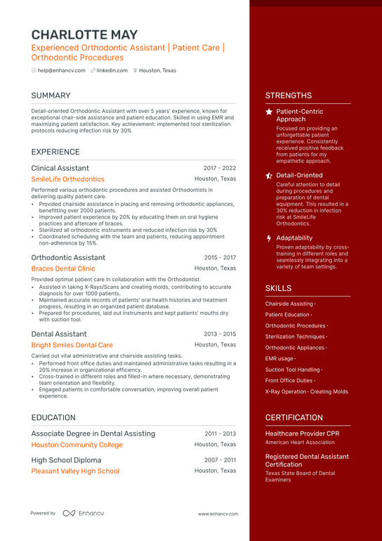 Orthodontic Dental Assistant Resume Example