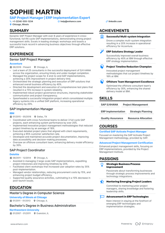 SAP Project Manager Resume Example