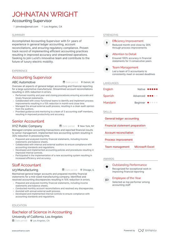 Accounting Supervisor Resume Example
