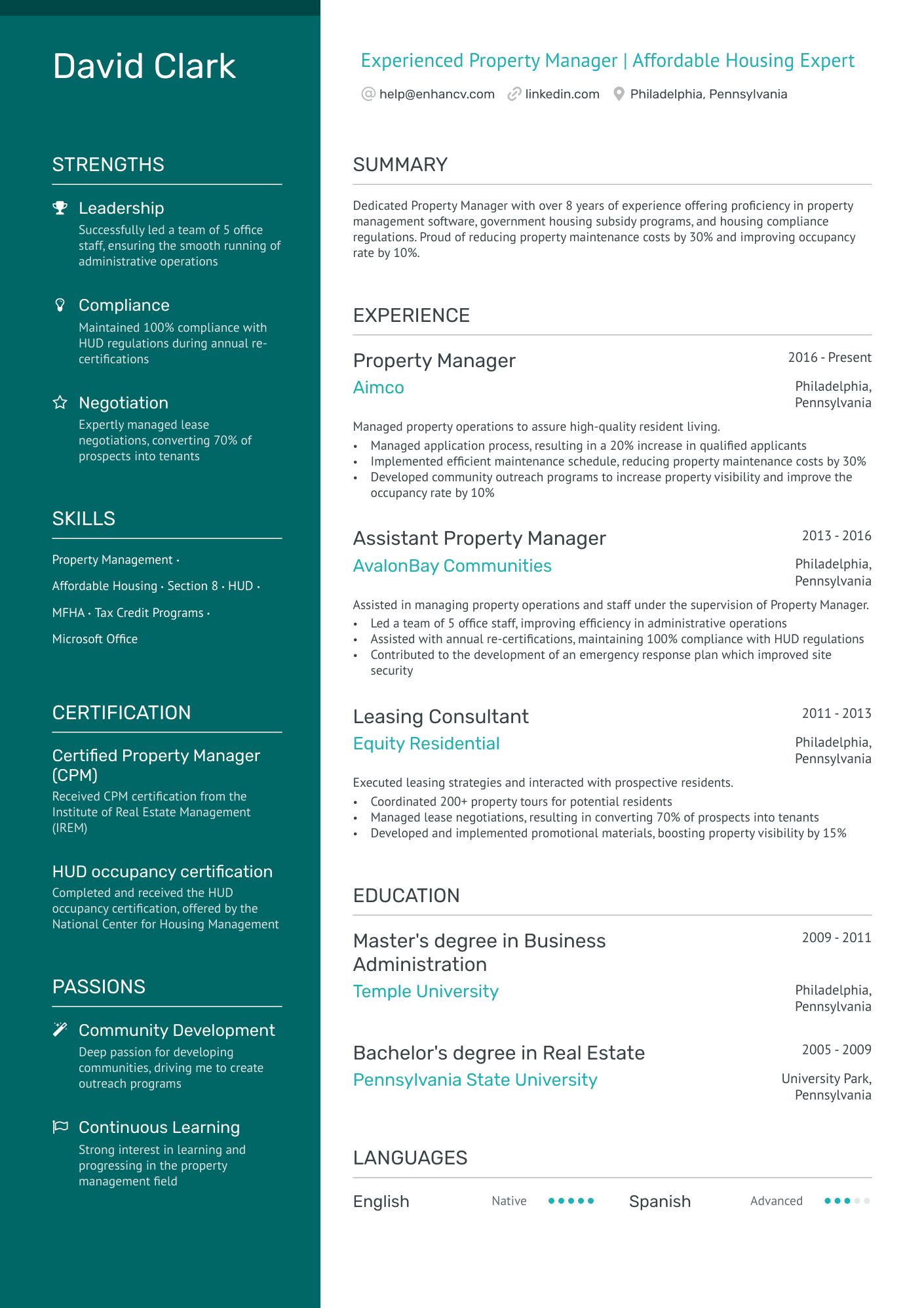 Affordable Housing Property Manager Resume Example