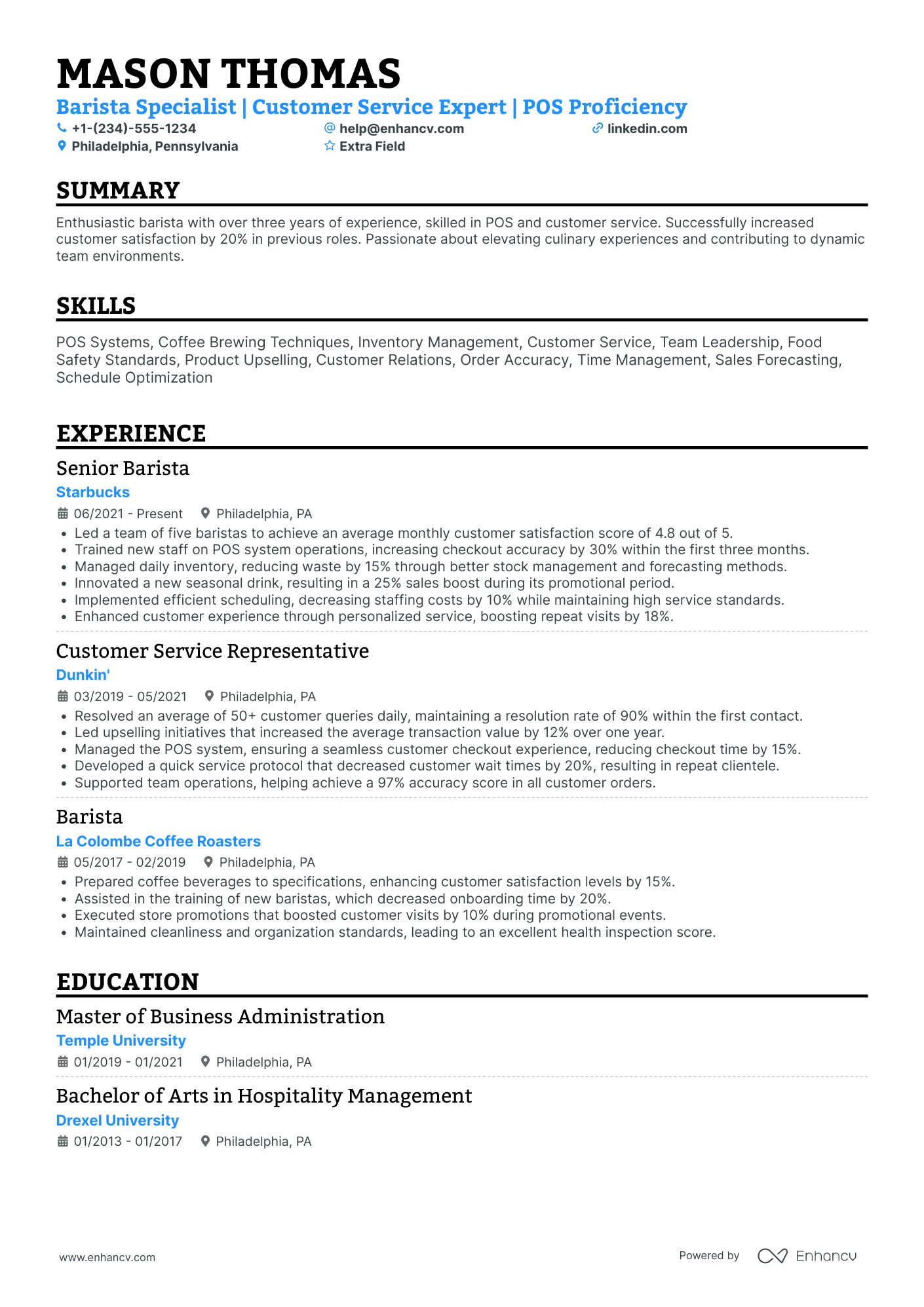 Barista and Customer Service Representative Resume Example