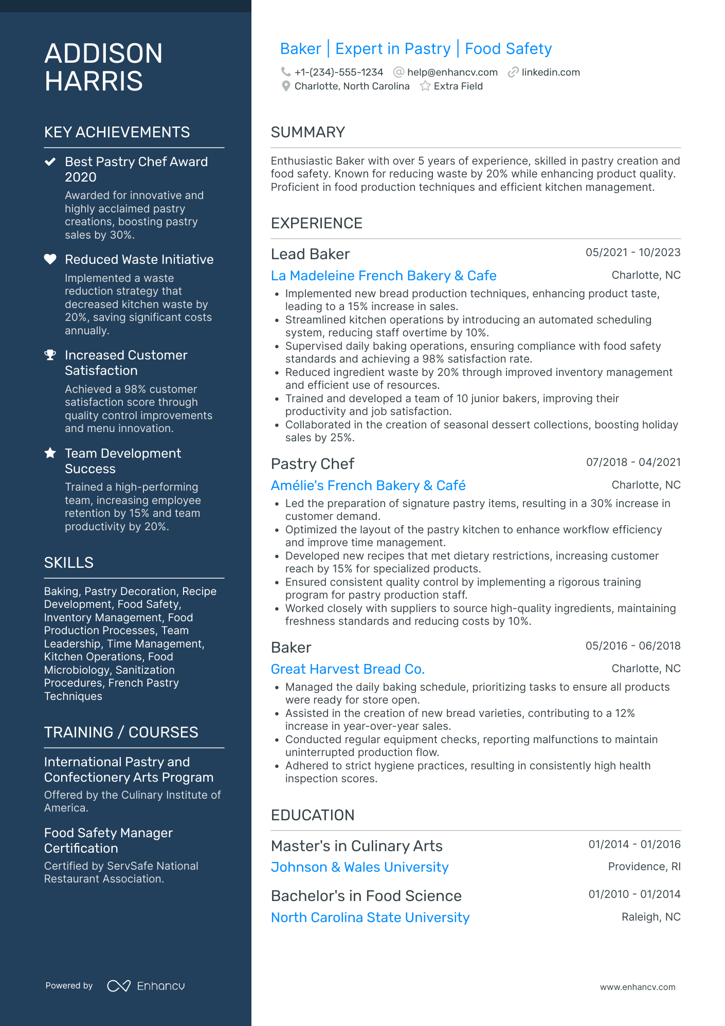 Certified Master Baker Resume Example