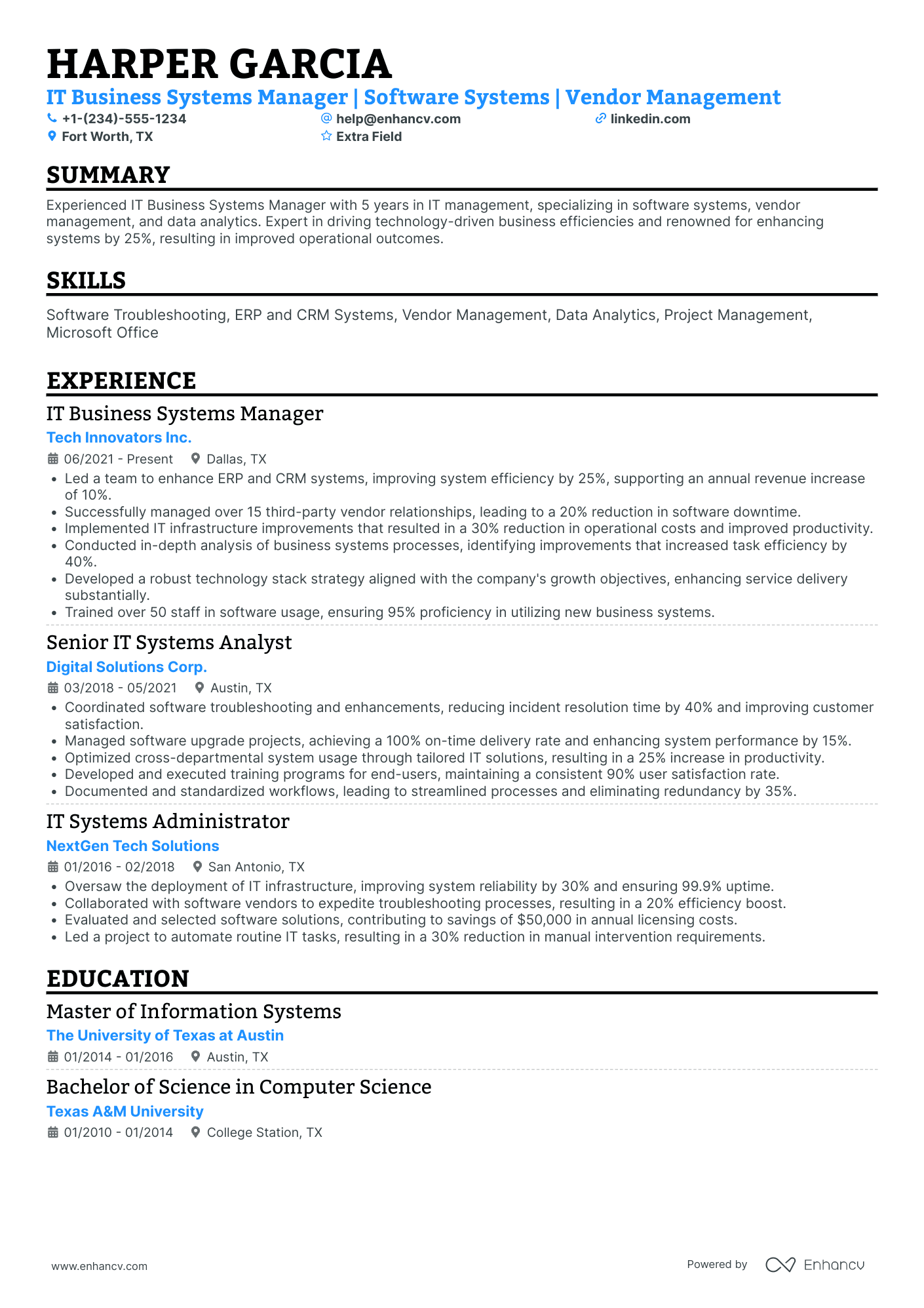 IT Systems Manager Resume Example