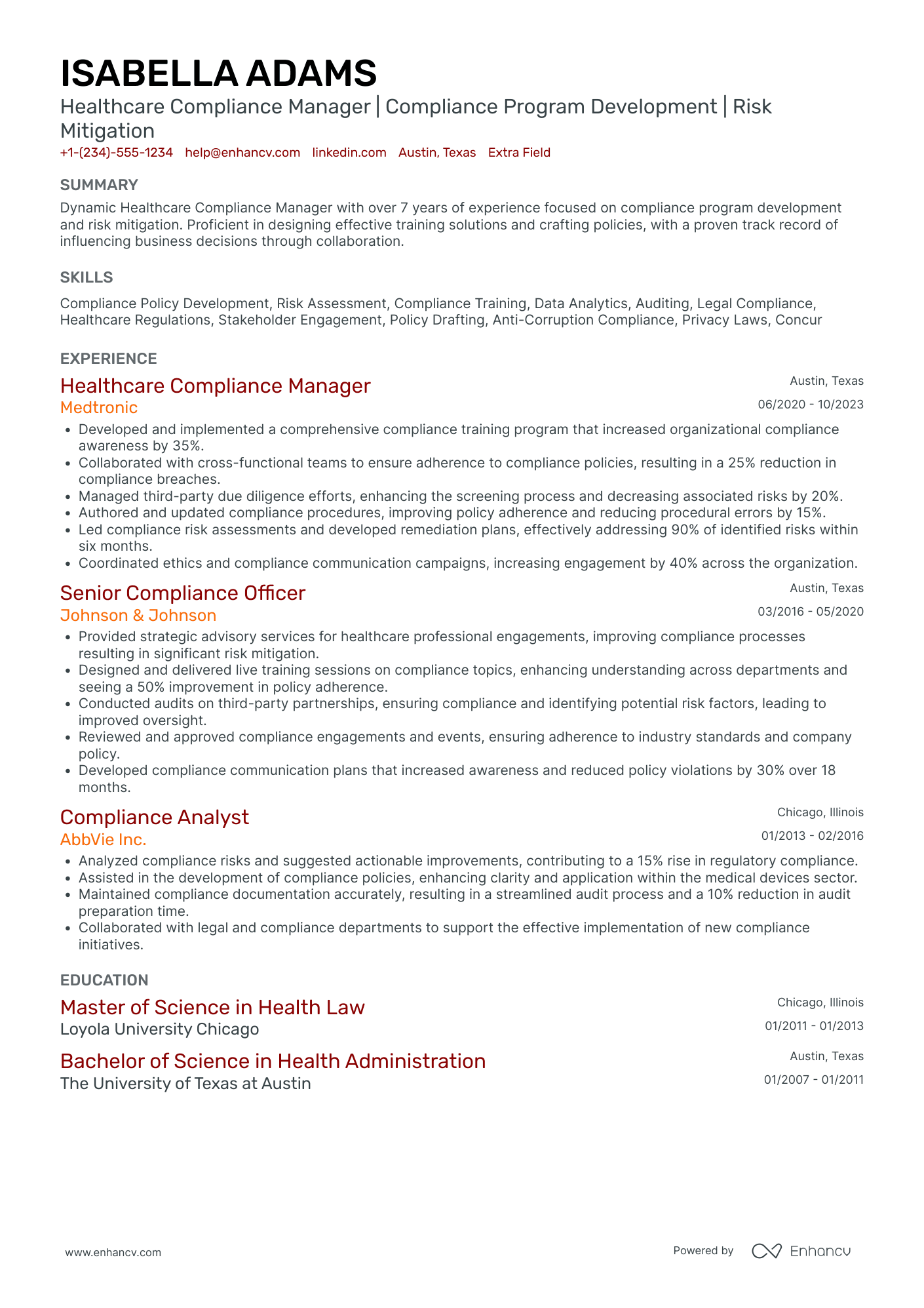 Healthcare Compliance Manager Resume Example