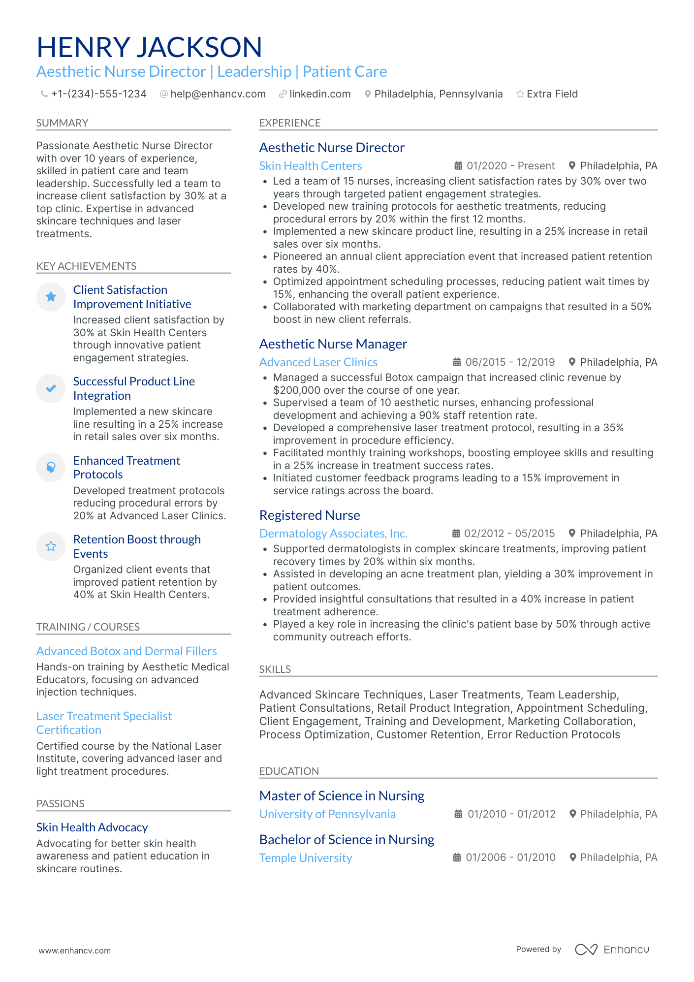 Aesthetic Nurse Director Resume Example