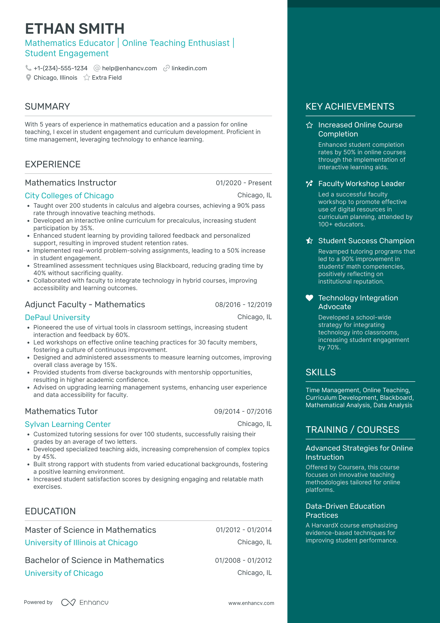 Online Mathematics Teacher Resume Example