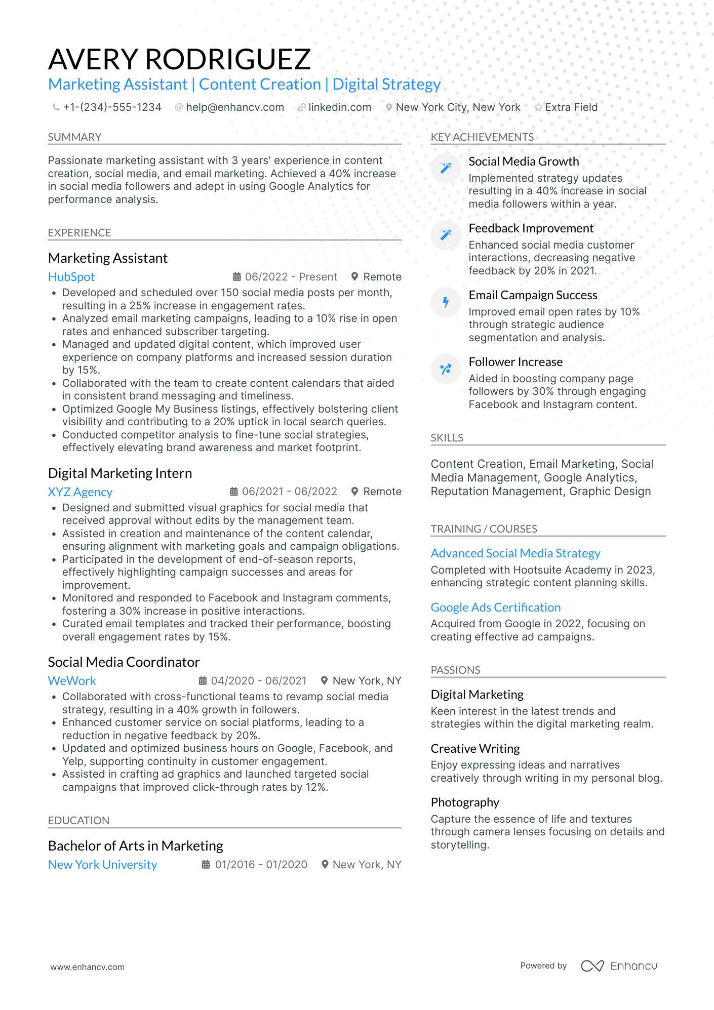 Content Marketing Assistant Resume Example