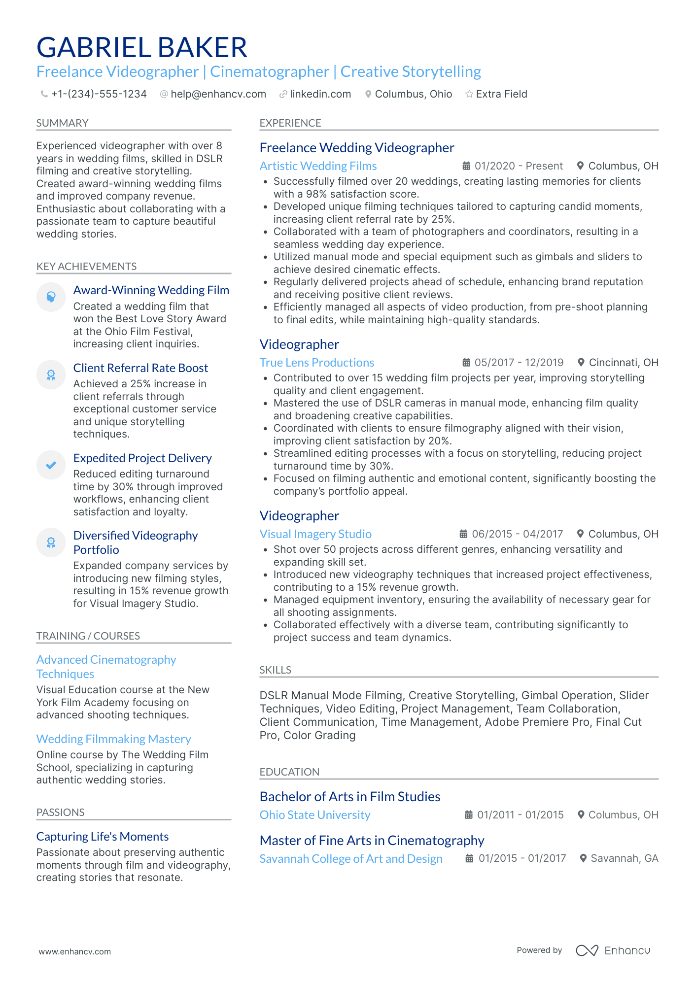 Freelance Cinematographer Resume Example