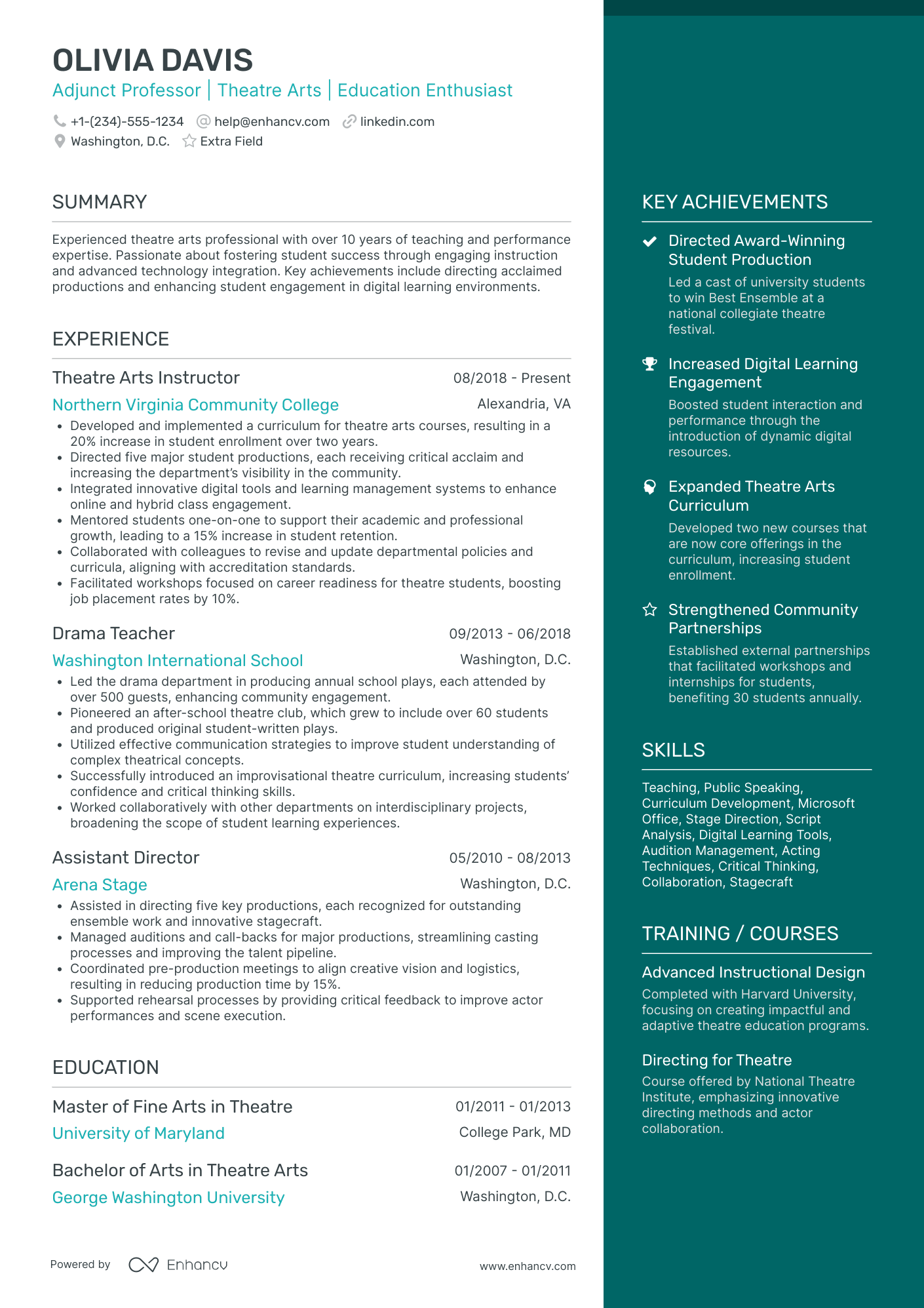 Professor of Theatre Arts Resume Example