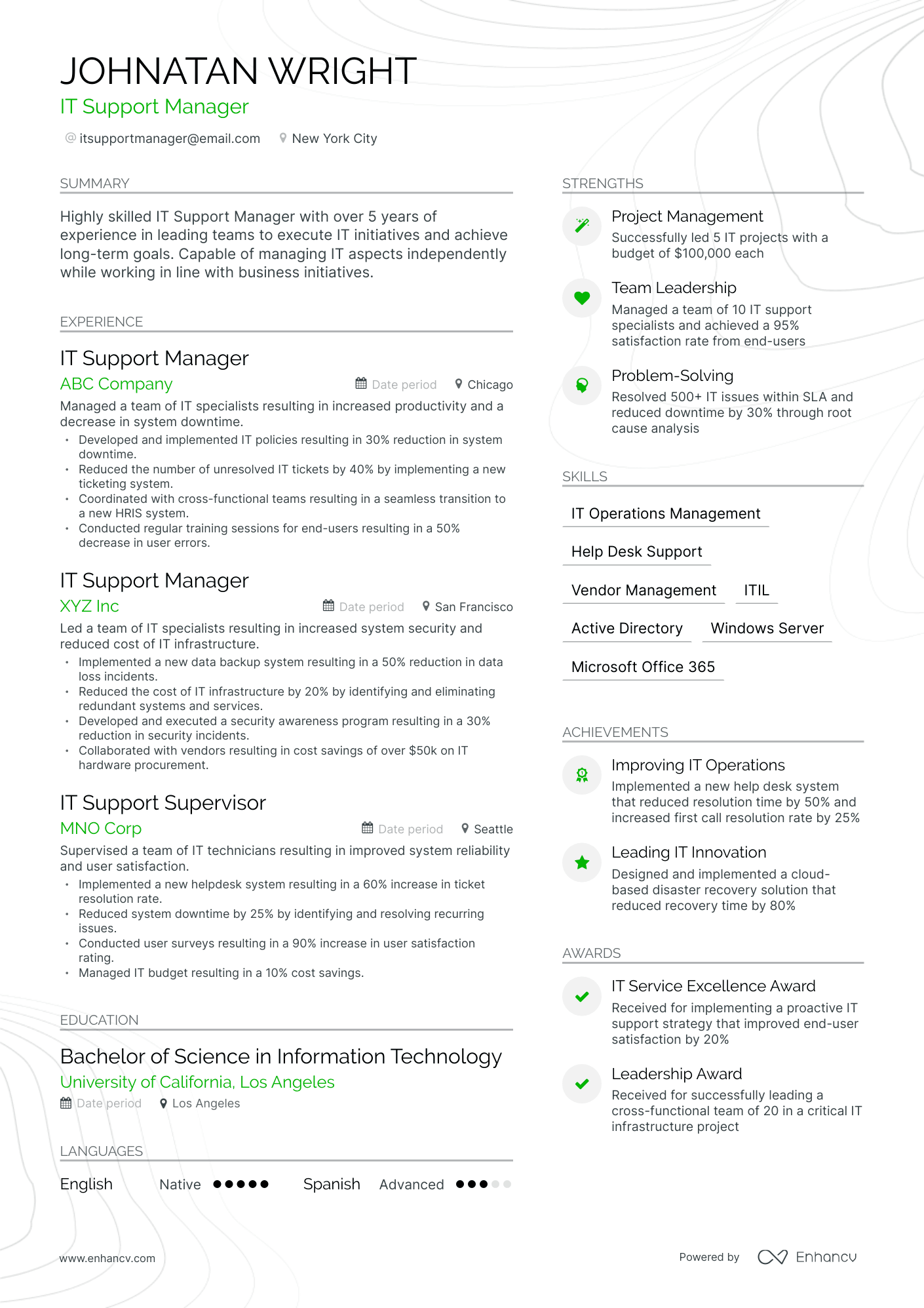 IT Support Manager Resume Example