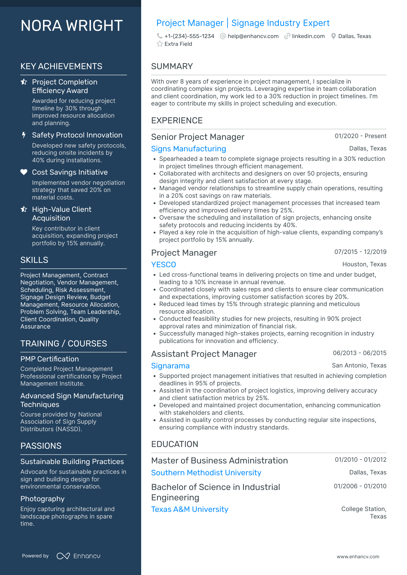 Project Management Contractor Resume Example