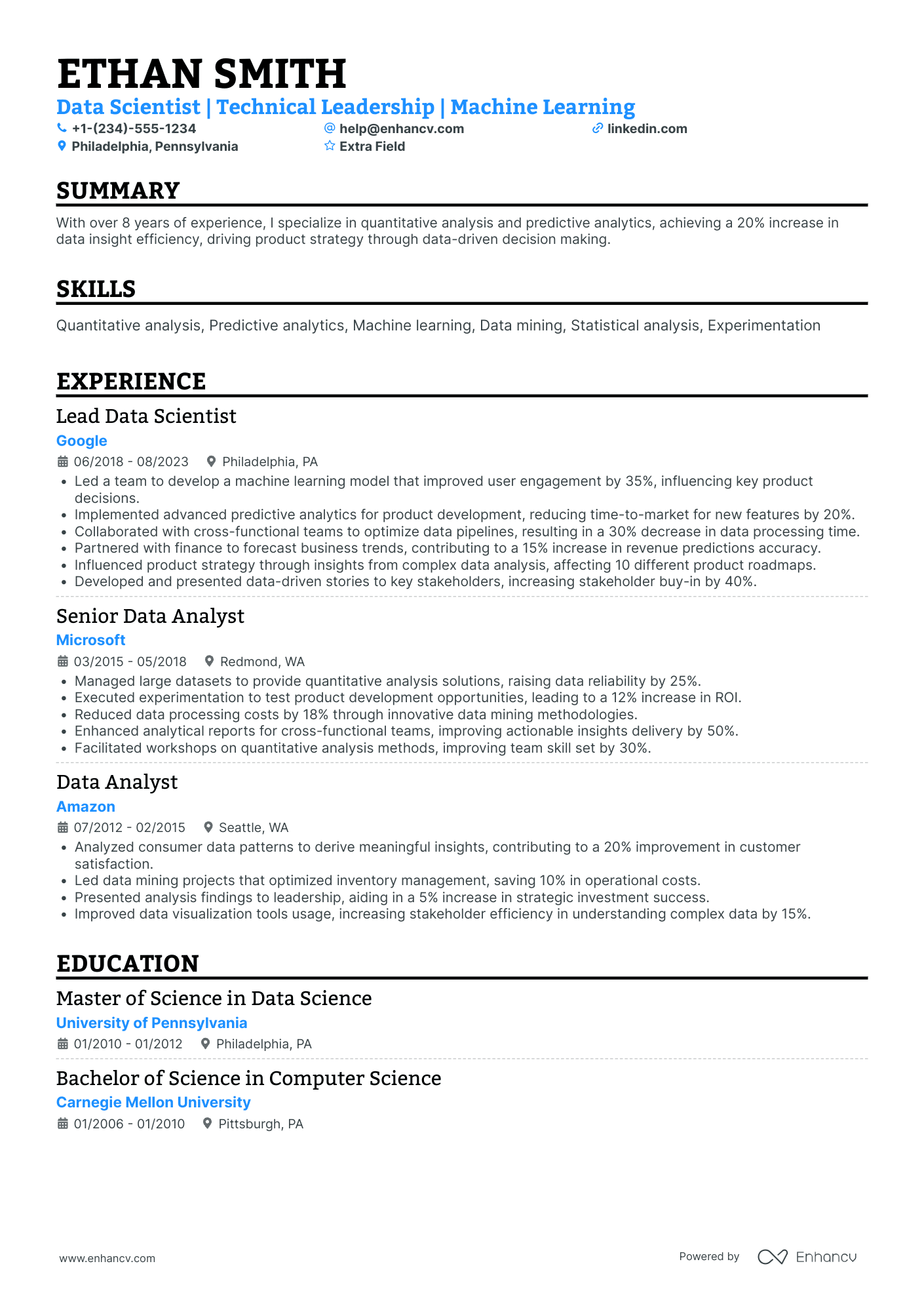 Facebook Data Scientist Resume Example