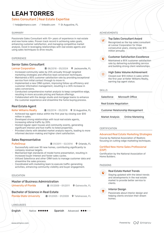 Real Estate Sales Consultant Resume Example