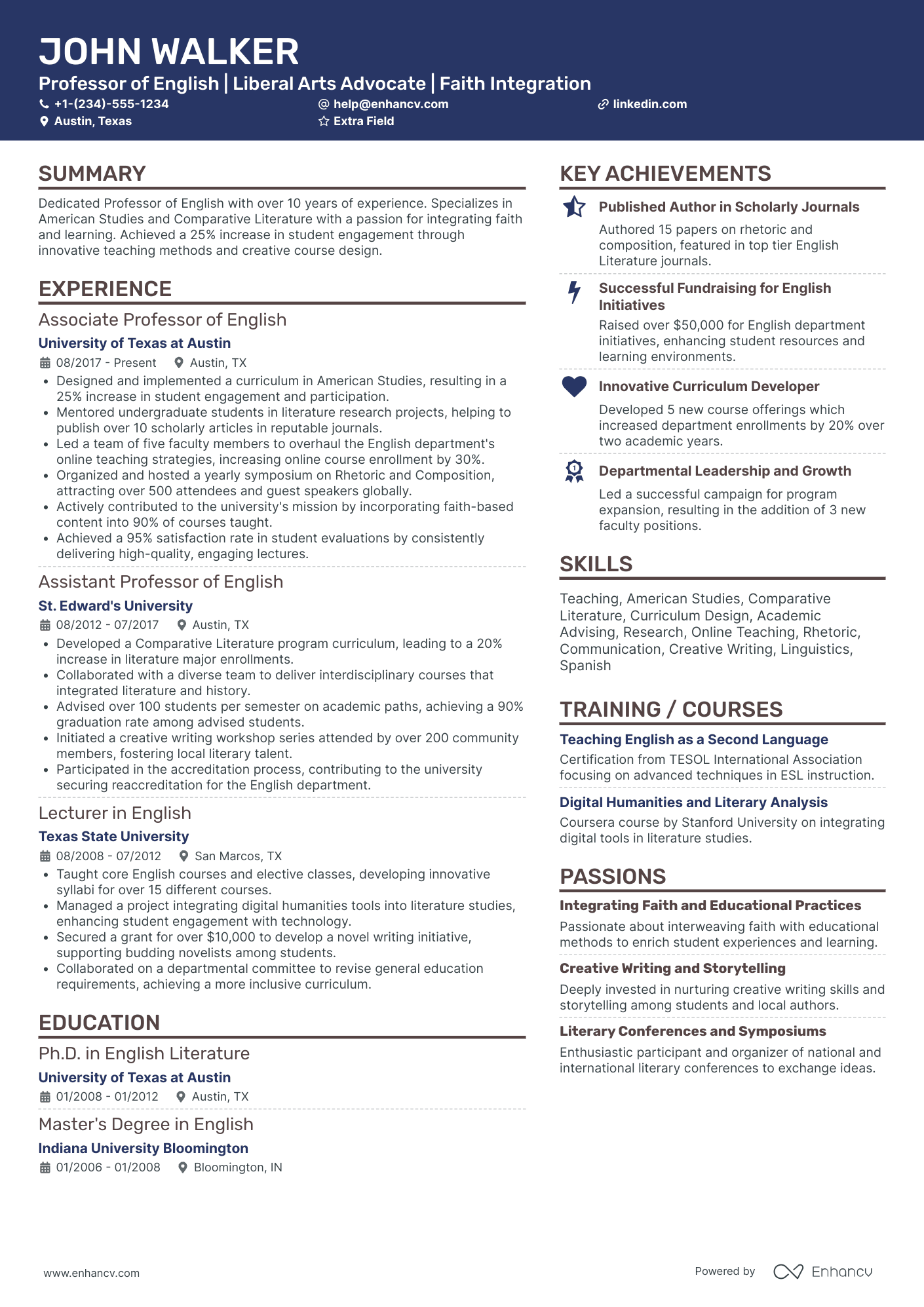 Full Professor of English Literature Resume Example