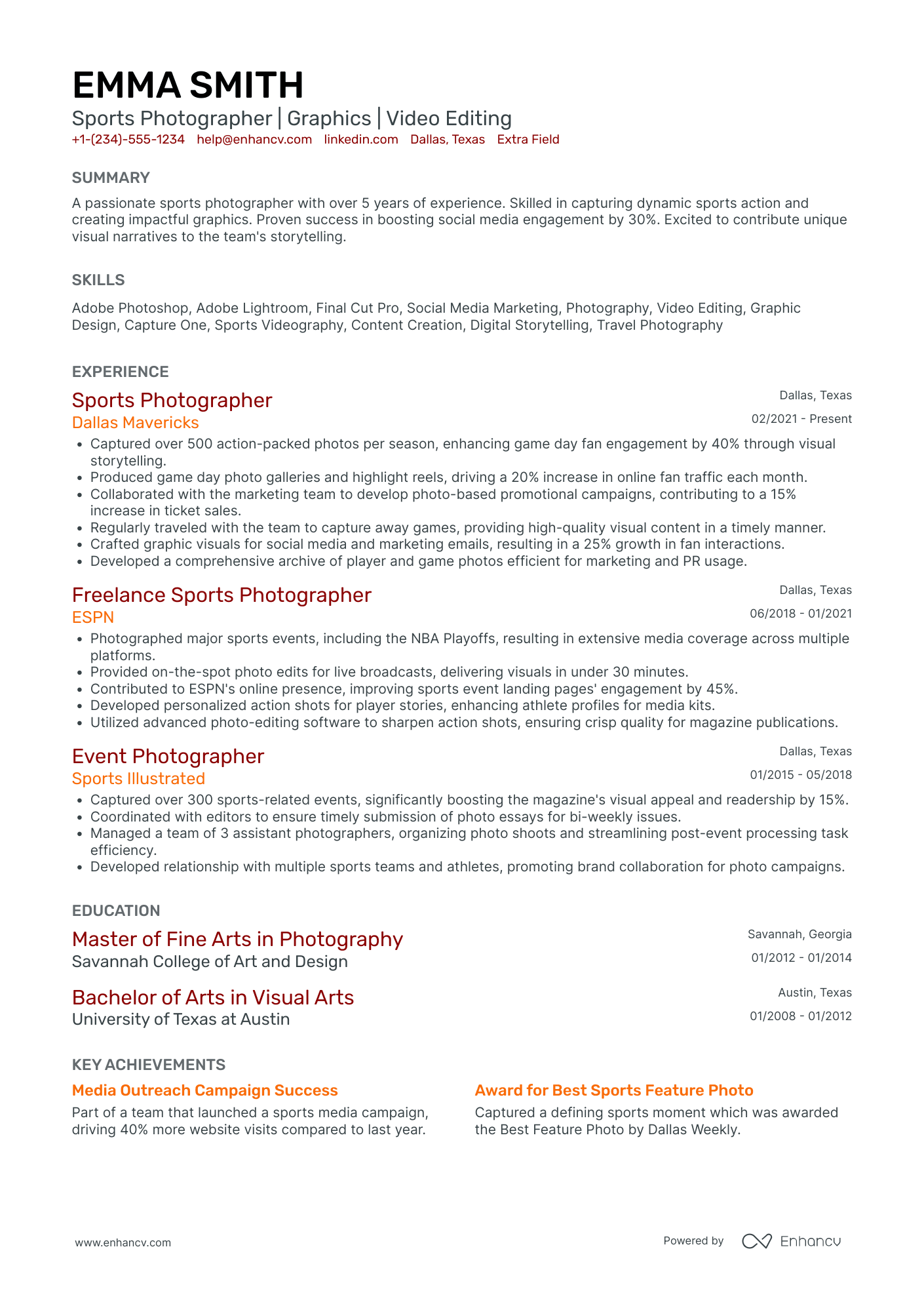 Sports Photographer Resume Example