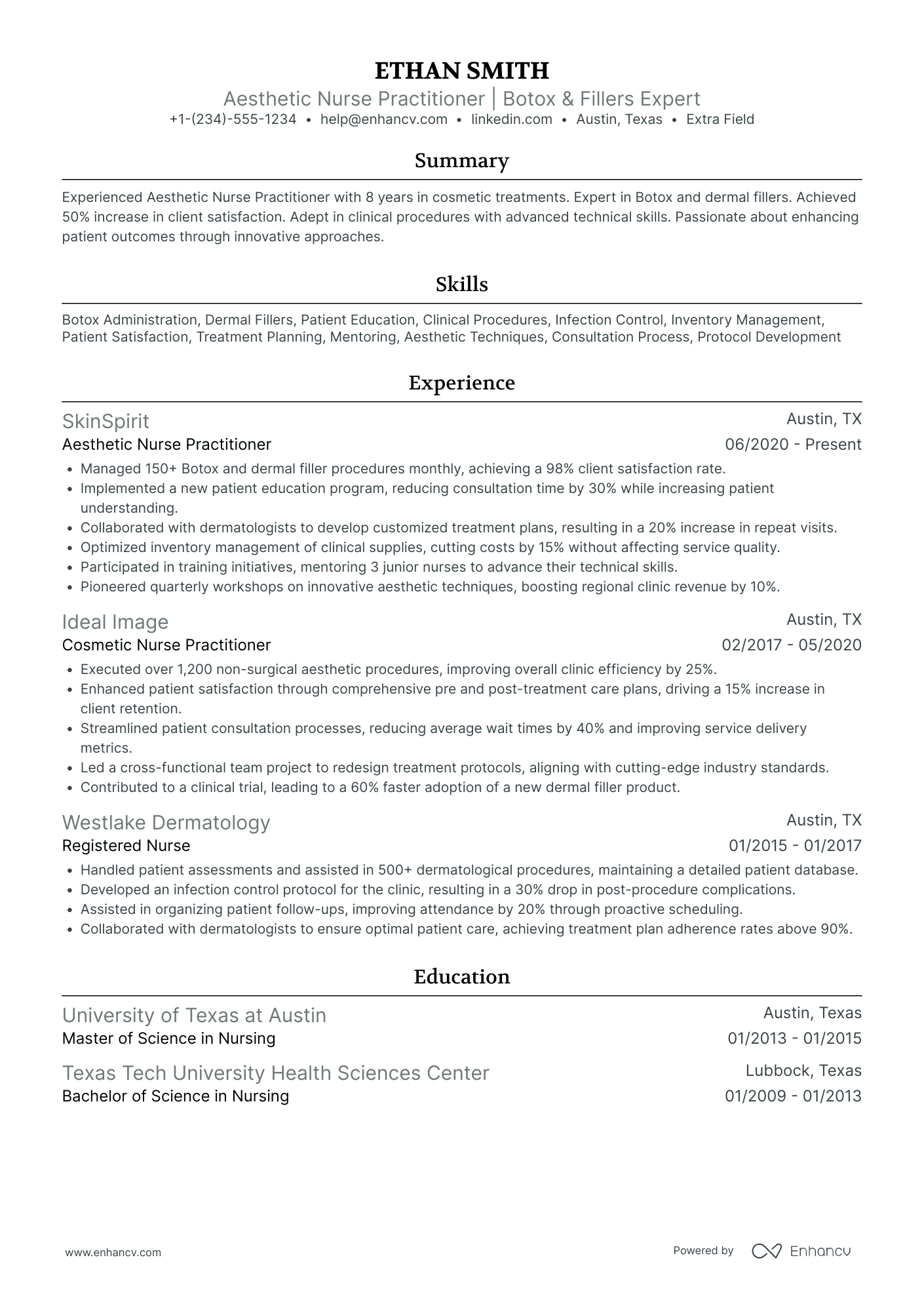 Aesthetic Nurse Practitioner Resume Example