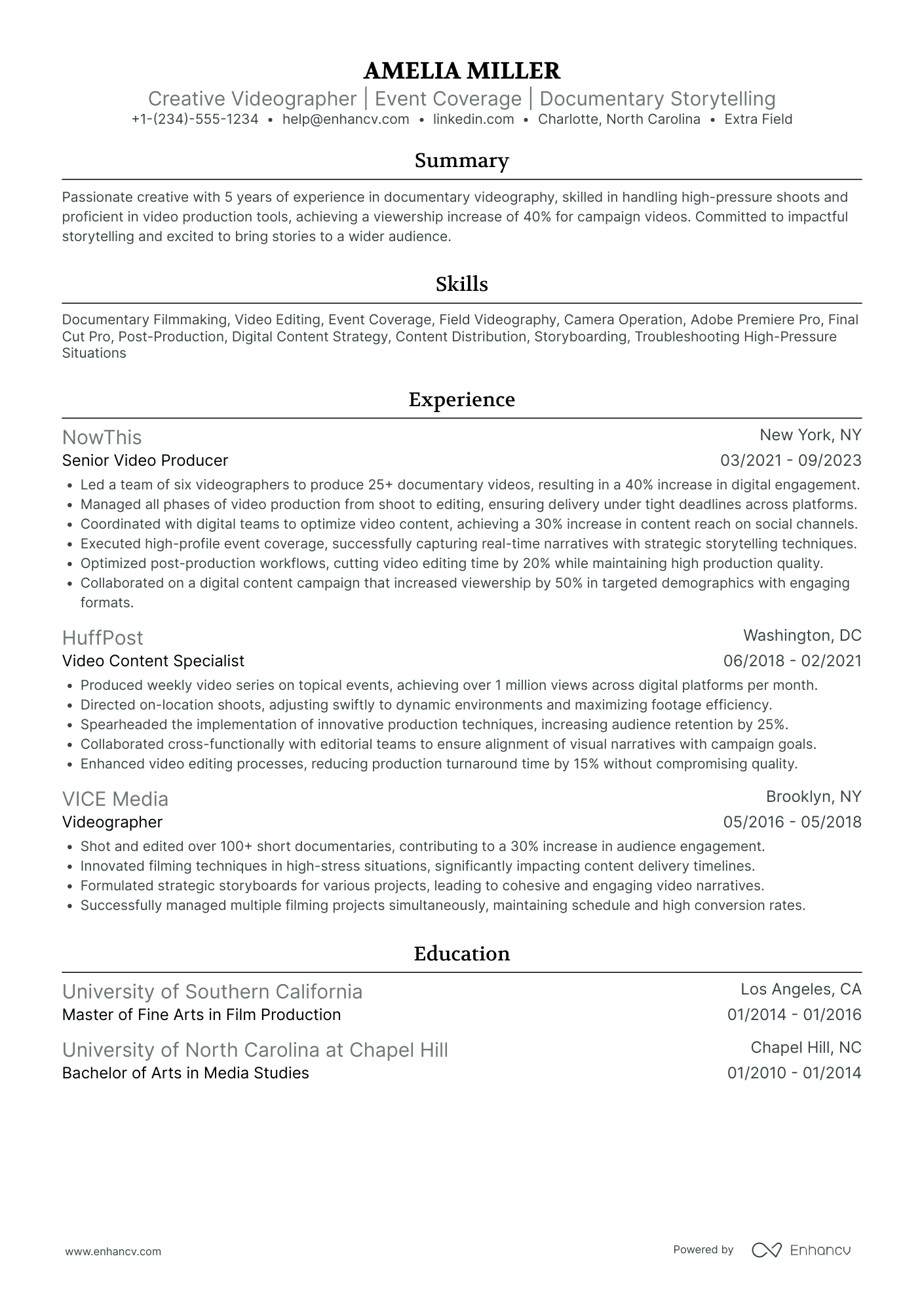 Senior Videographer Resume Example