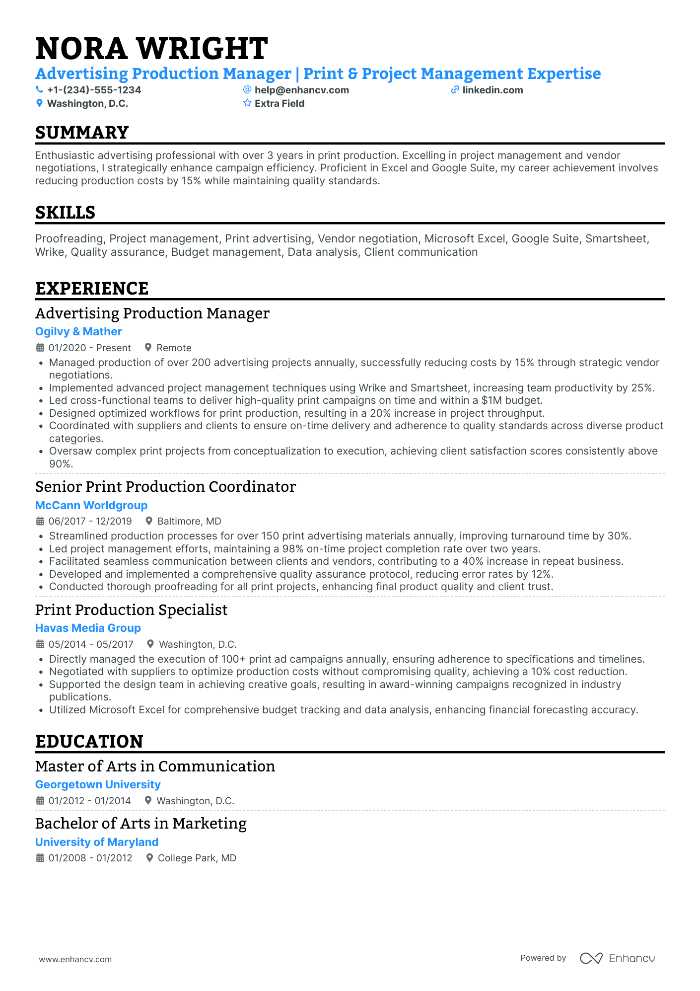 Advertising Production Manager Resume Example