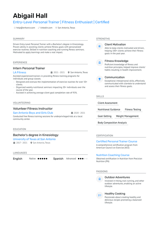 Entry Level Personal Trainer Resume Example