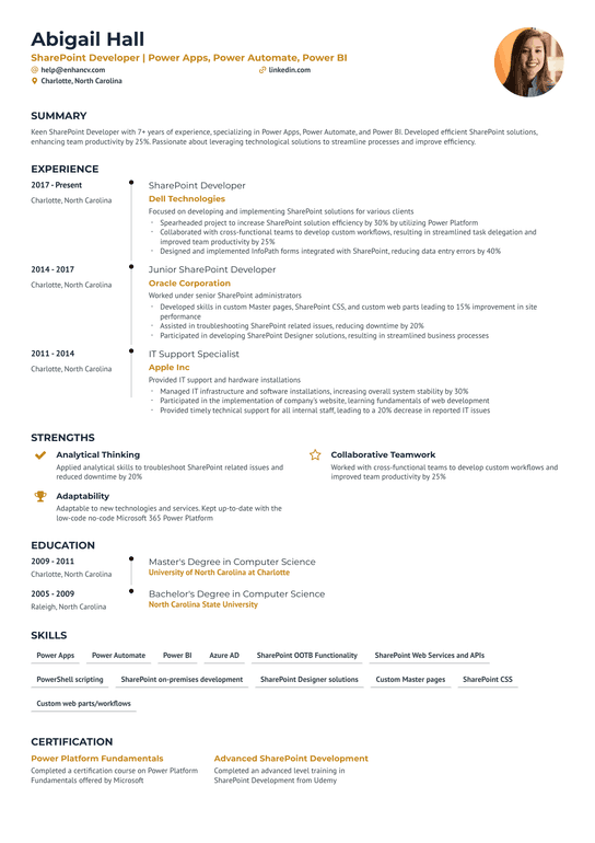 Sharepoint Admin and Developer Resume Example