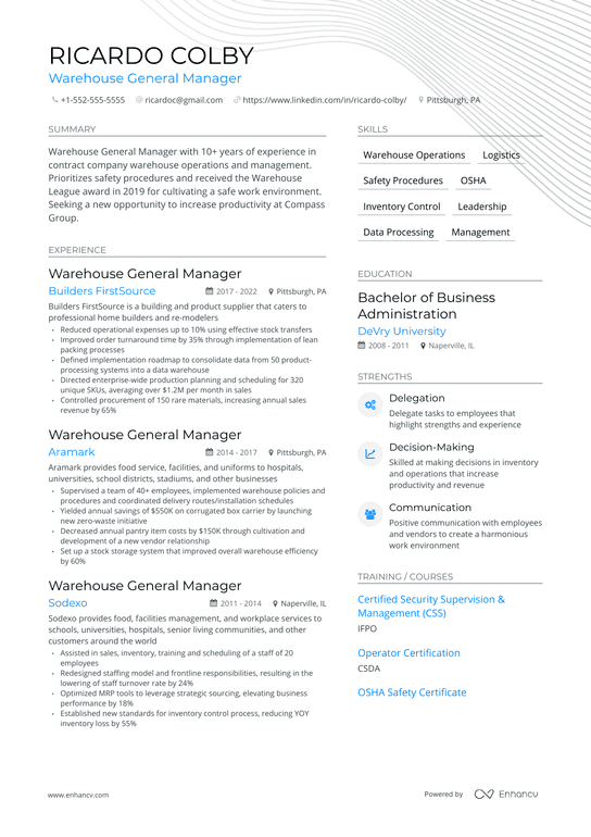 Warehouse General Manager Resume Example