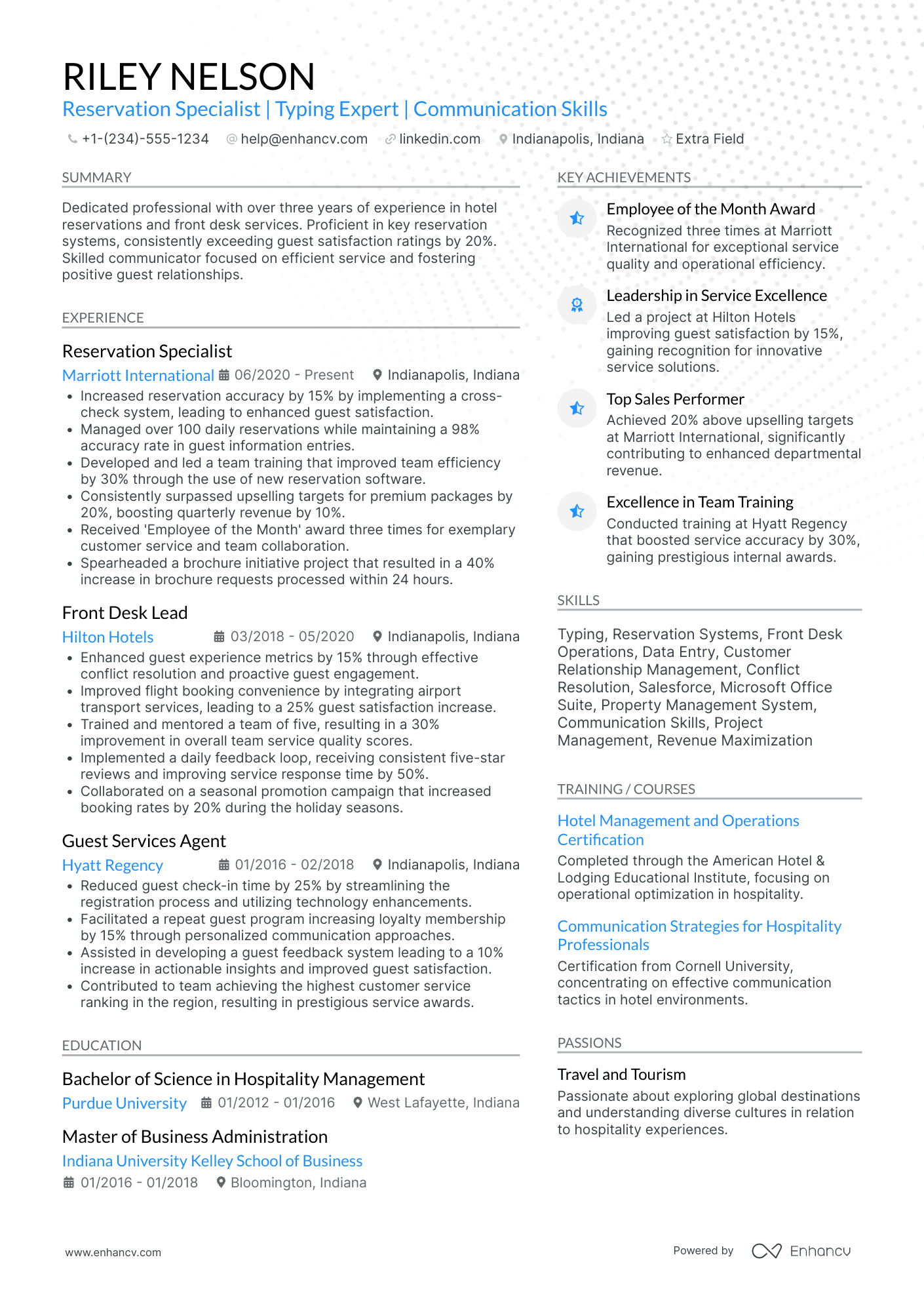 Hospitality Reservation Sales Agent Resume Example