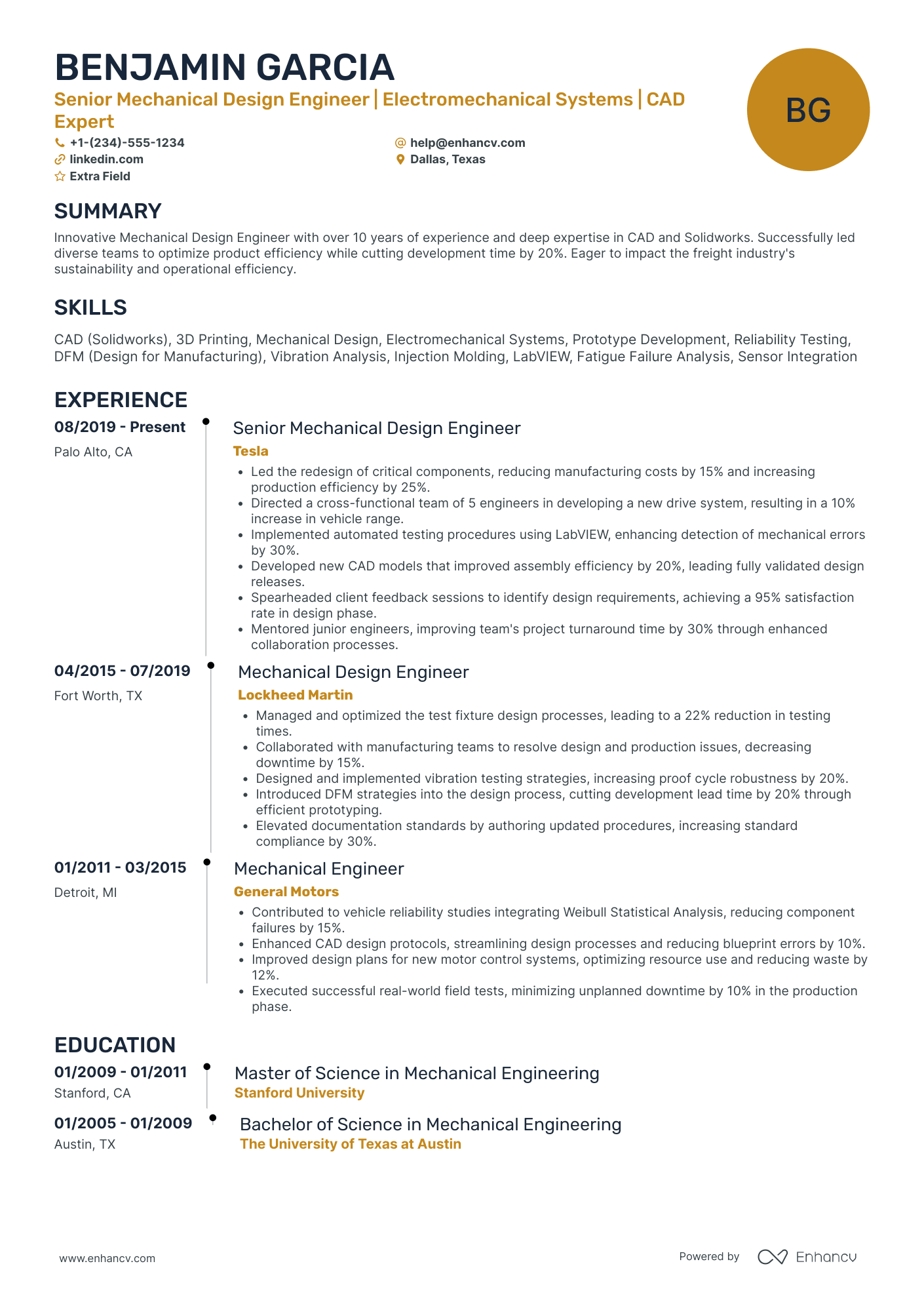 Senior Mechanical Design Engineer Resume Example