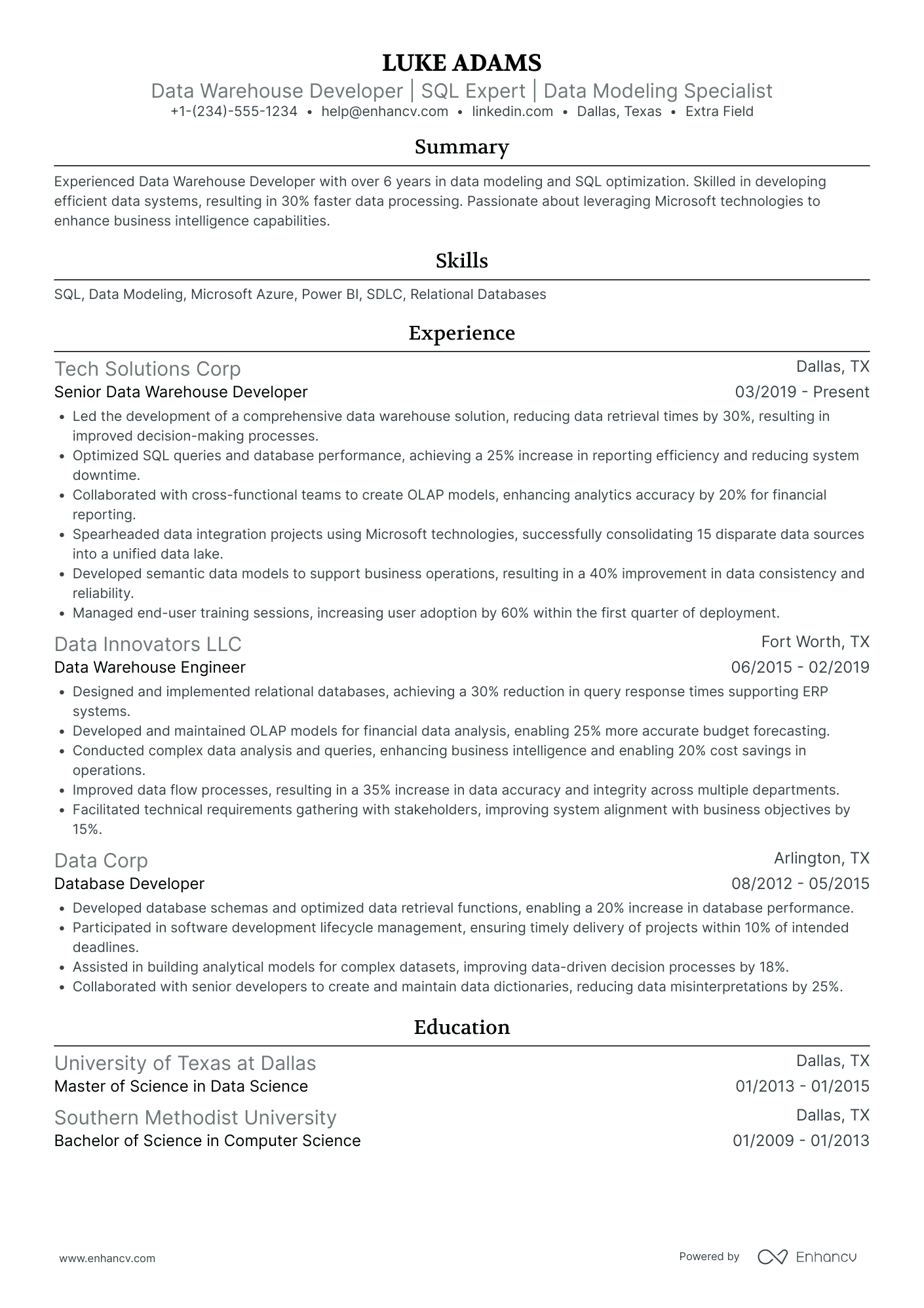 Data Warehouse Developer Resume Example