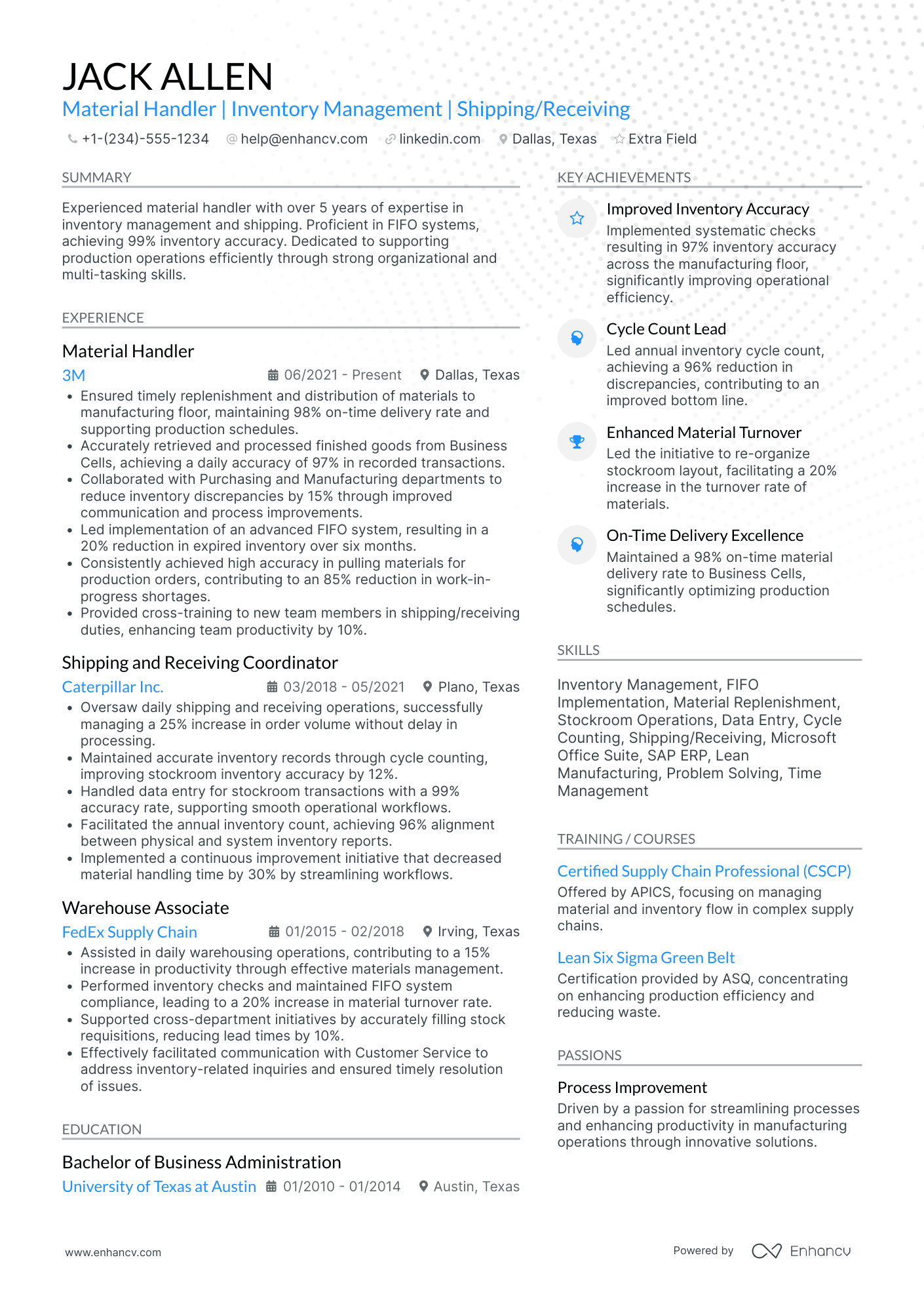 Shipping and Receiving Material Handler Resume Example