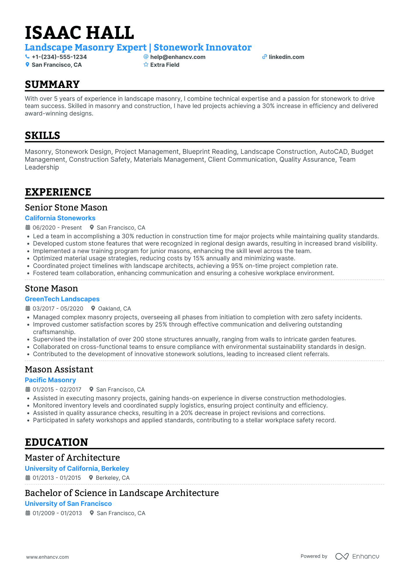 Masonry Construction Worker Resume Example