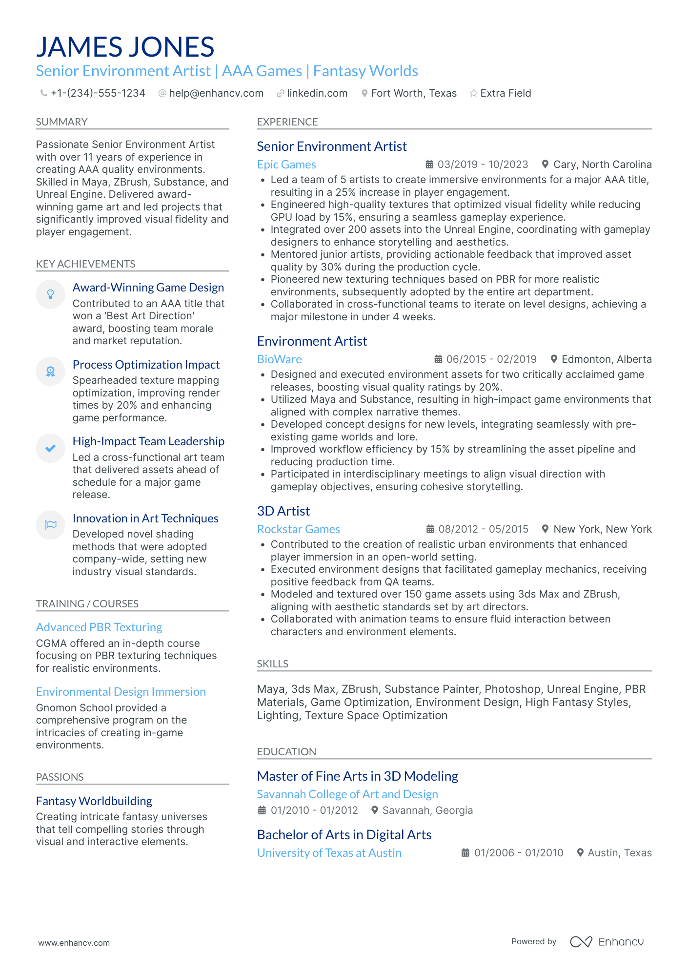 3D Environment Artist Resume Example