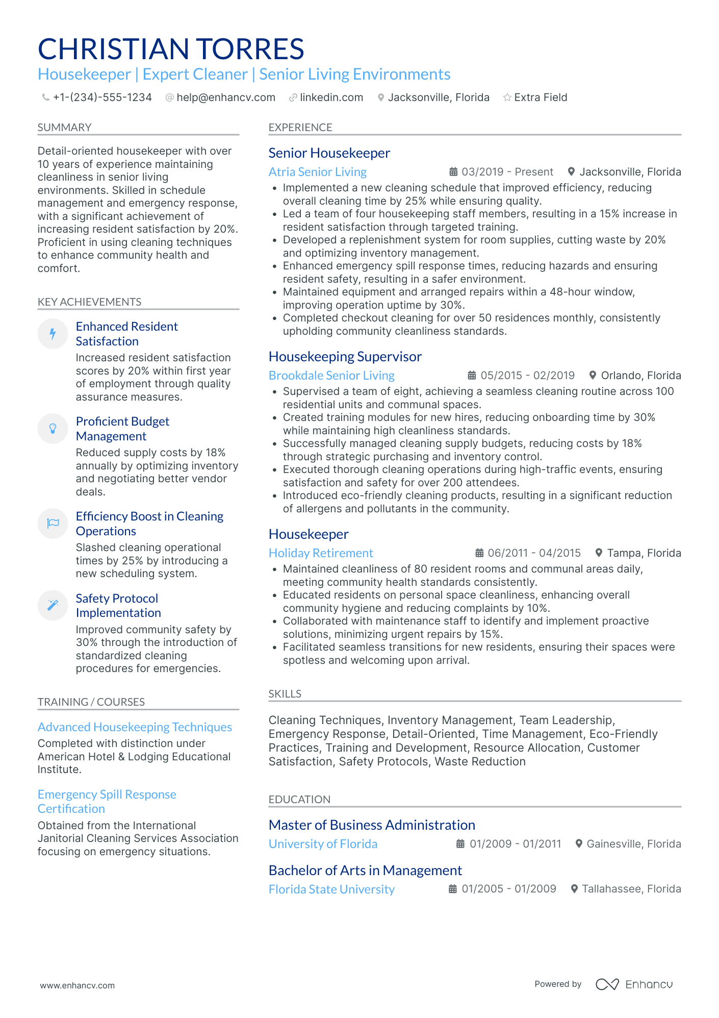 Senior Housekeeper Resume Example