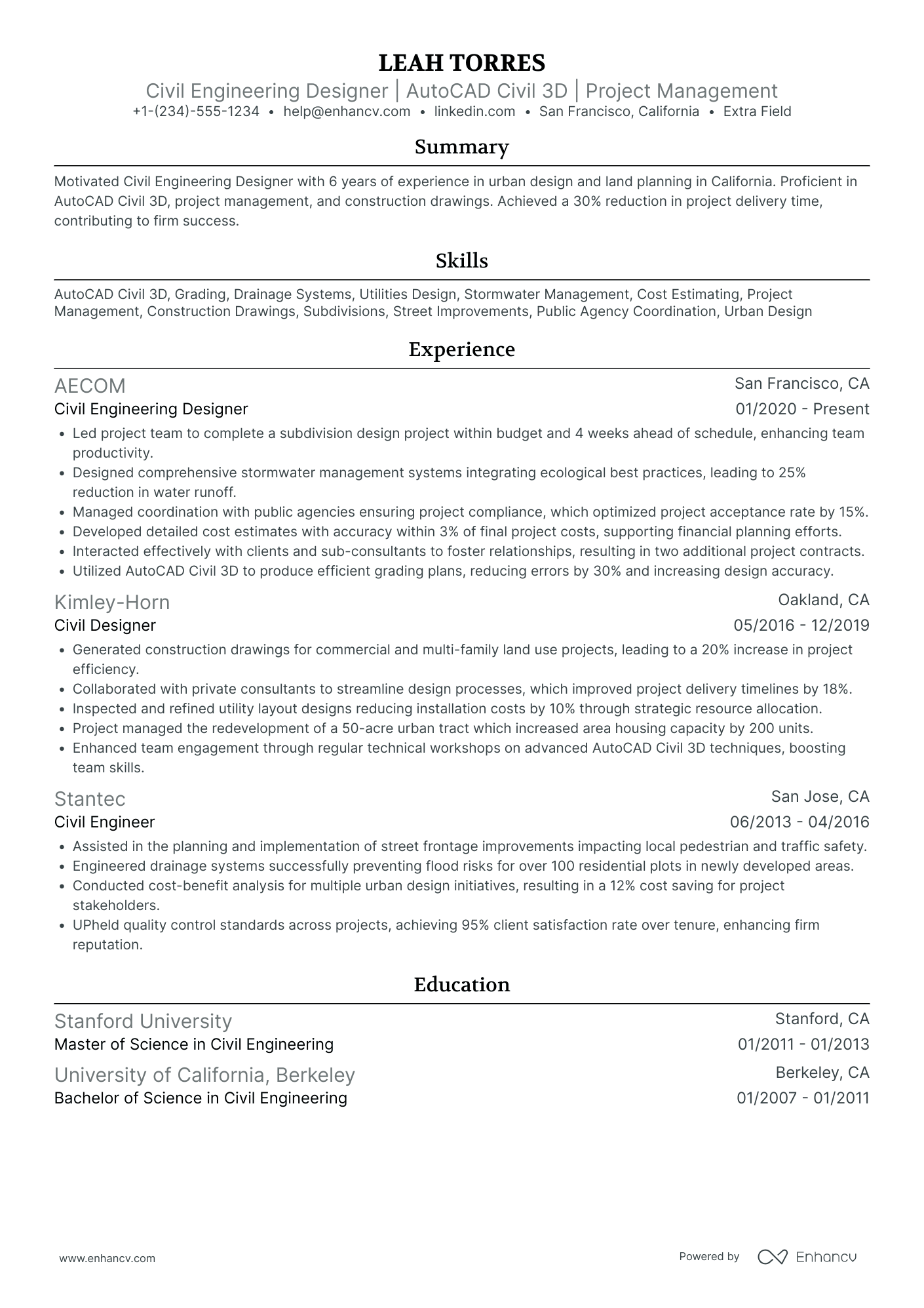 Civil Engineering Designer Resume Example