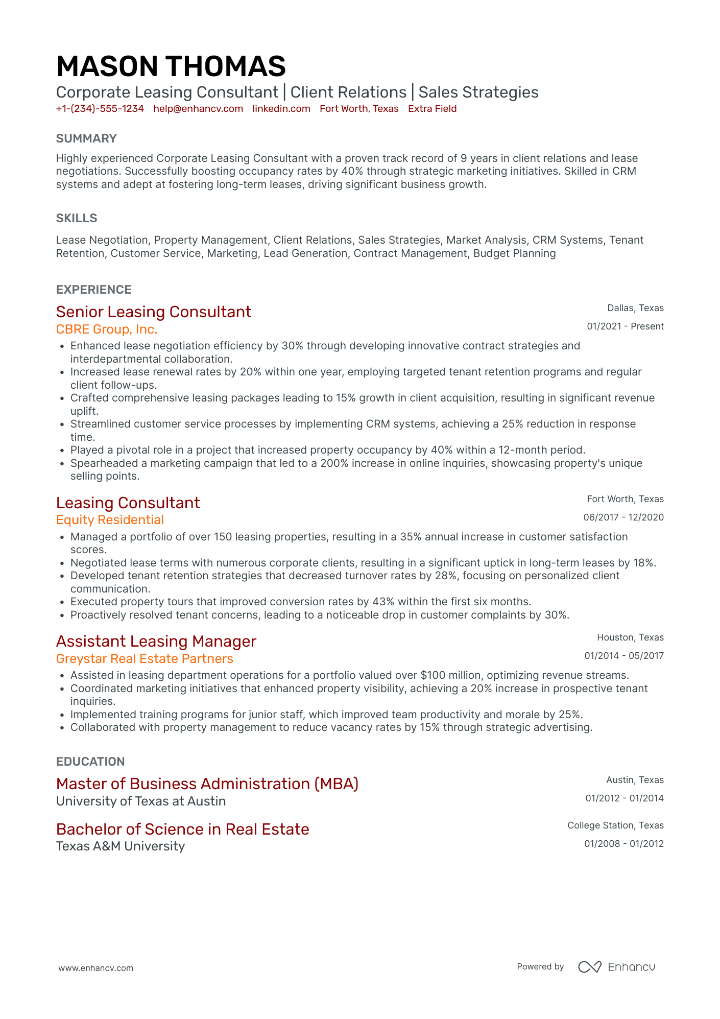 Corporate Leasing Consultant Resume Example