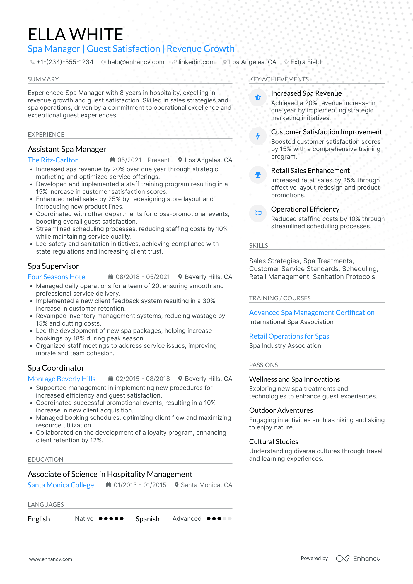 Cruise Ship Spa Manager Resume Example