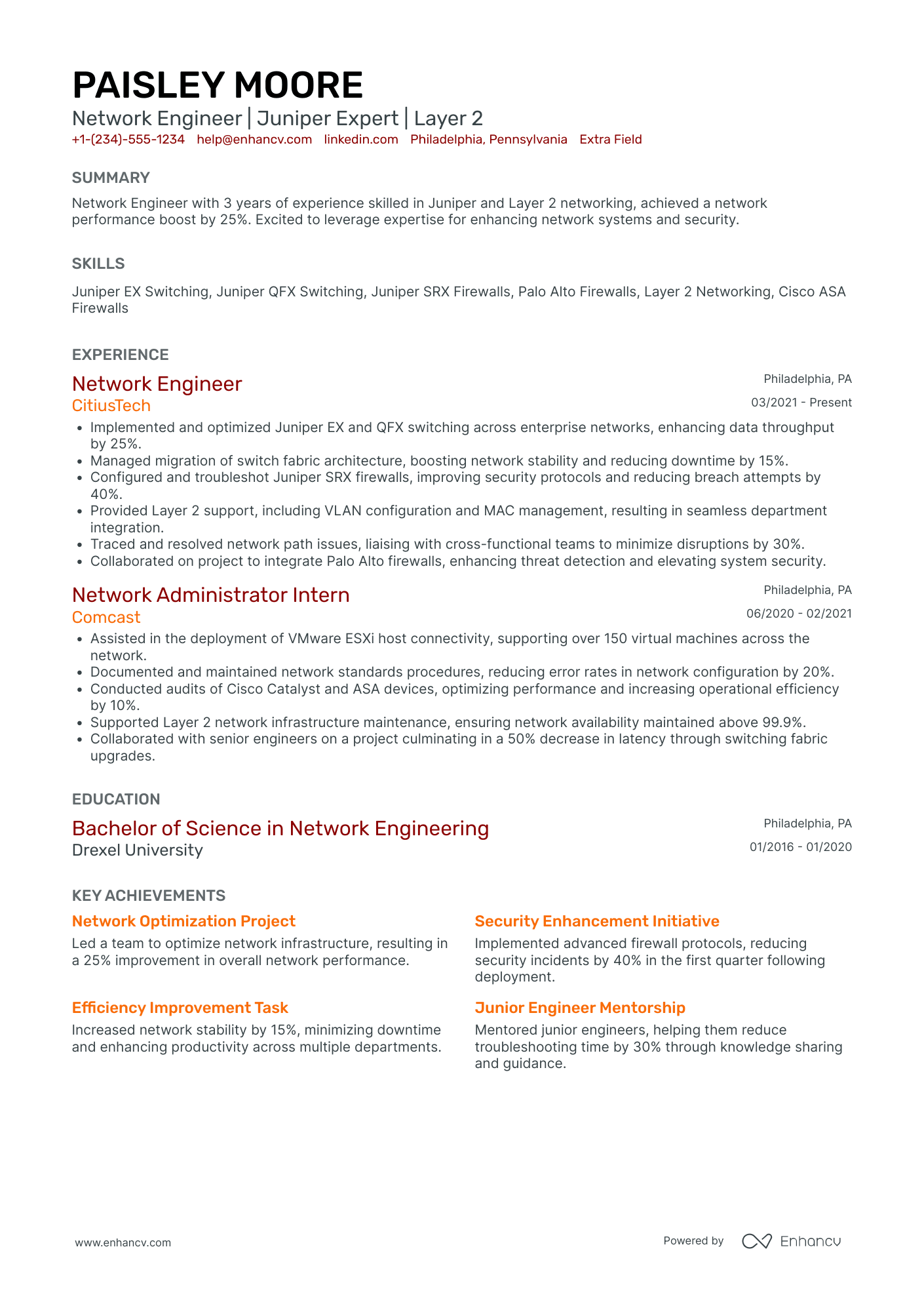 Junior Network Security Engineer Resume Example