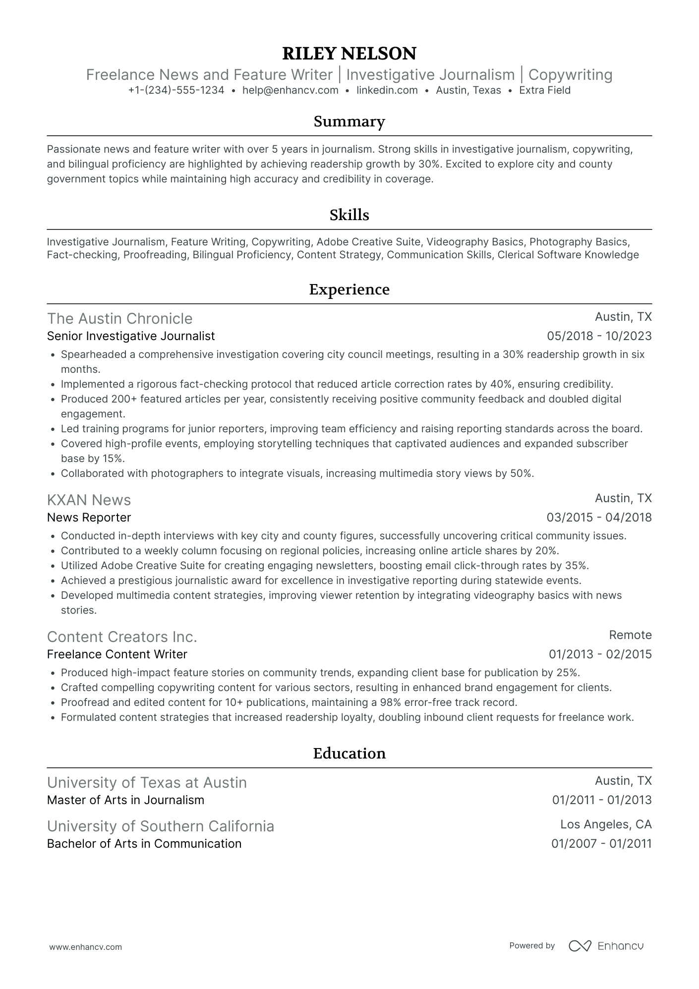 Freelance Creative Writer Resume Example